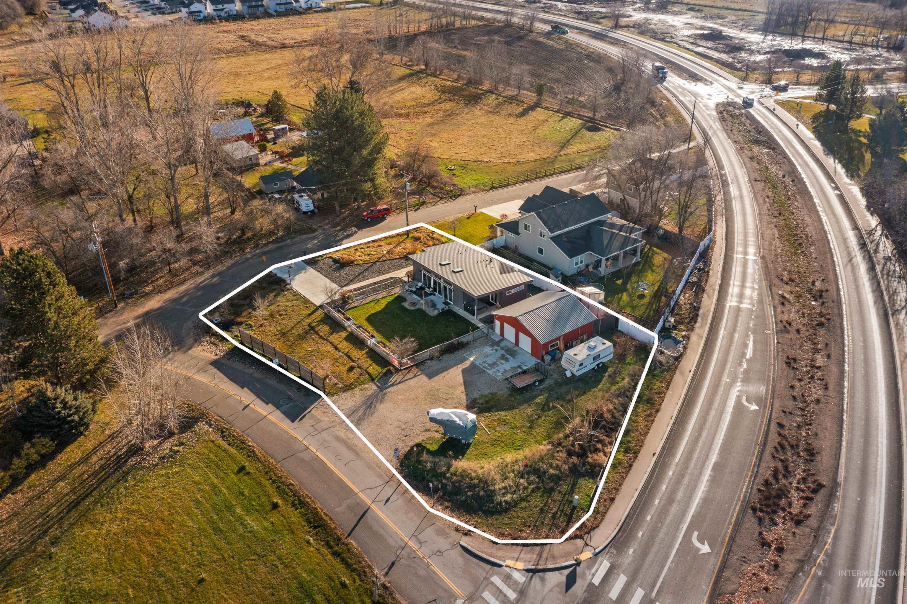 Aerial overview of property's location with property boundaries highlighted