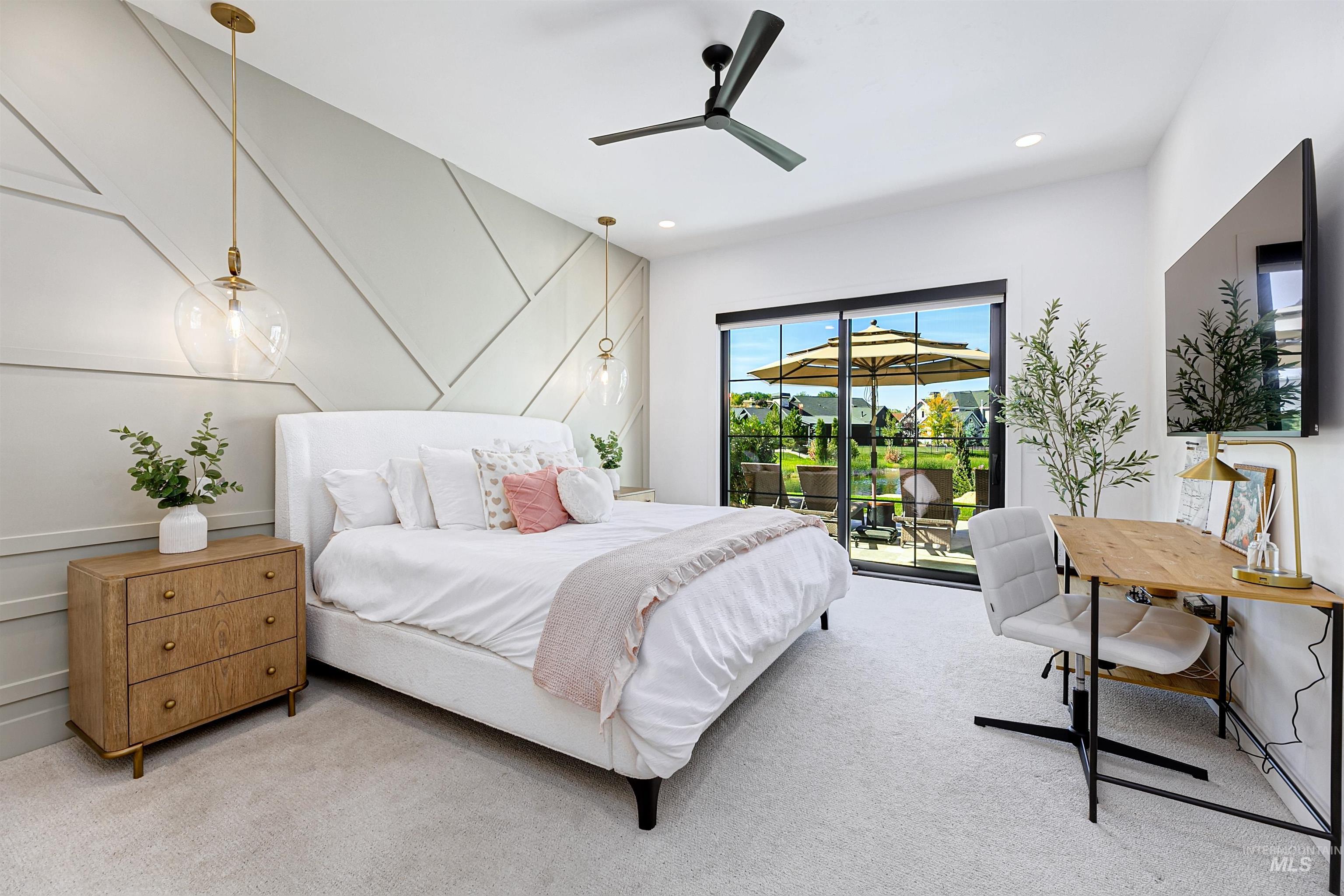 Bedroom featuring access to exterior, carpet, a ceiling fan, recessed lighting, and a desk