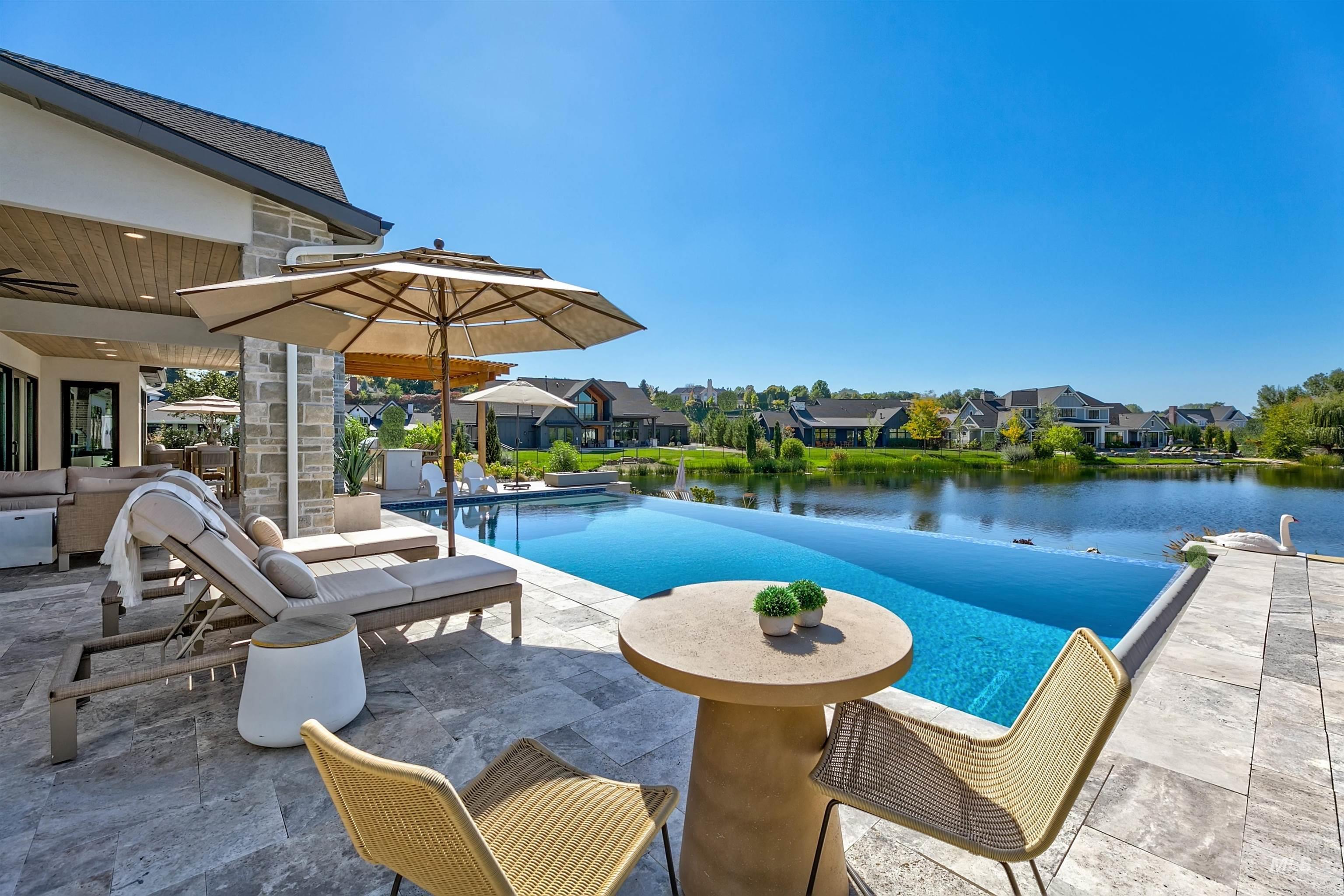 View of swimming pool featuring an infinity pool, a residential view, a water view, and a patio