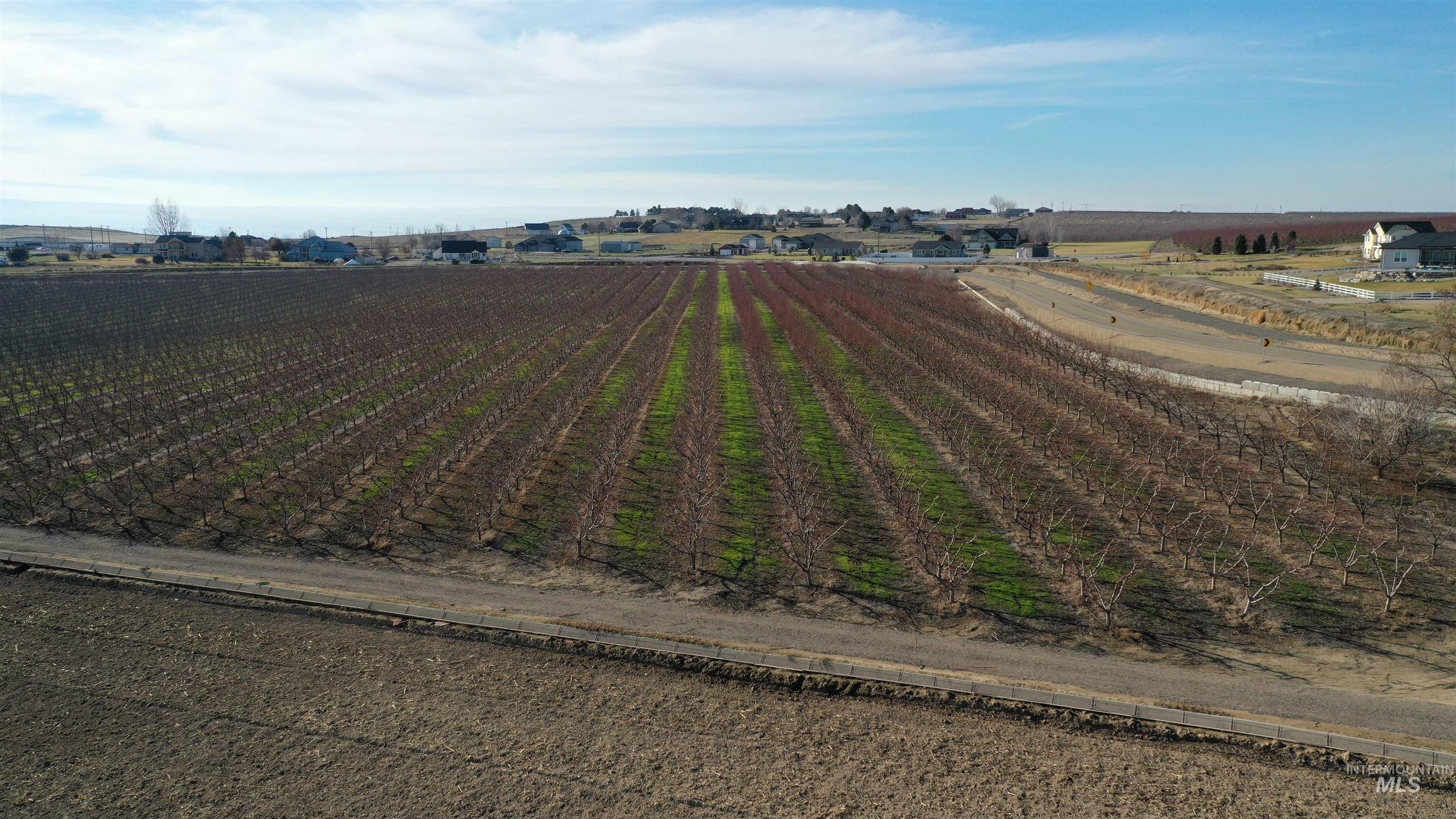 Aerial view of sparsely populated area with farmland