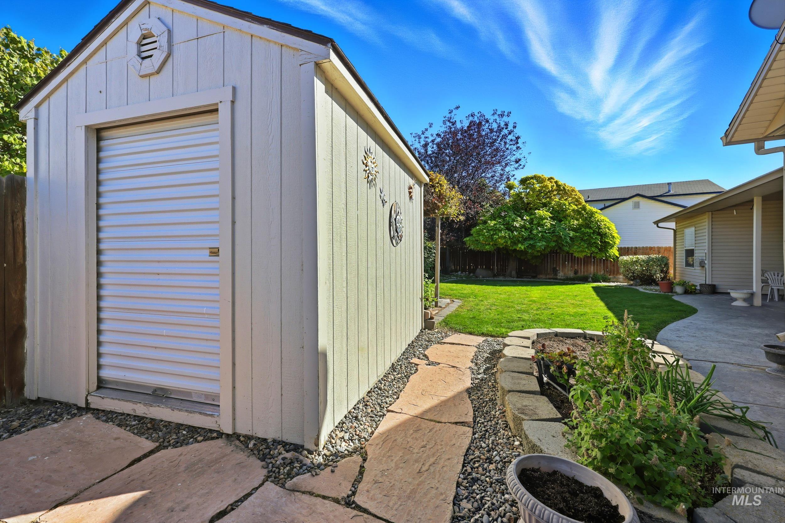 View of shed with a fenced backyard
