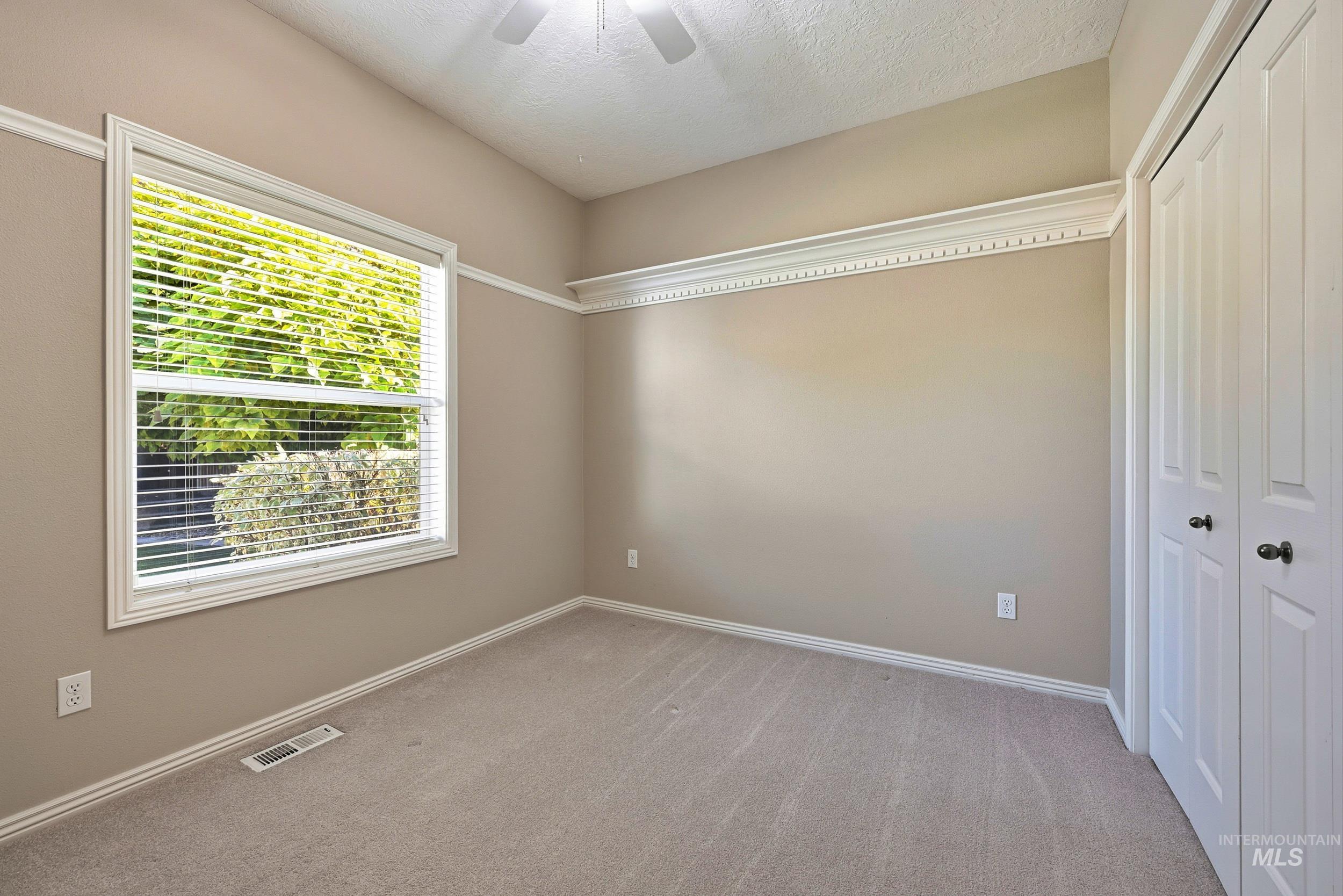 Spare room with light colored carpet, a textured ceiling, and a ceiling fan