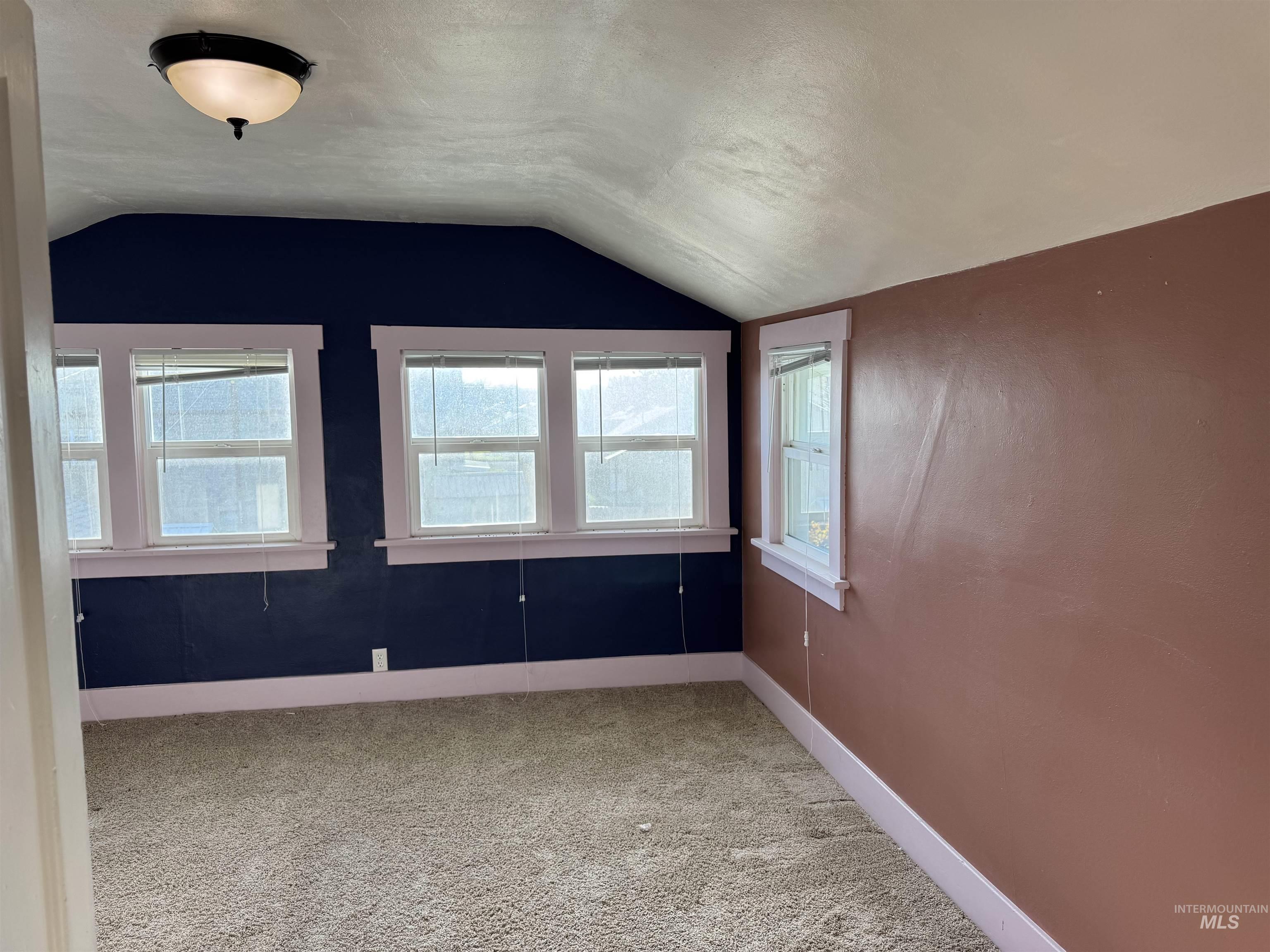 Bonus room with lofted ceiling and light colored carpet