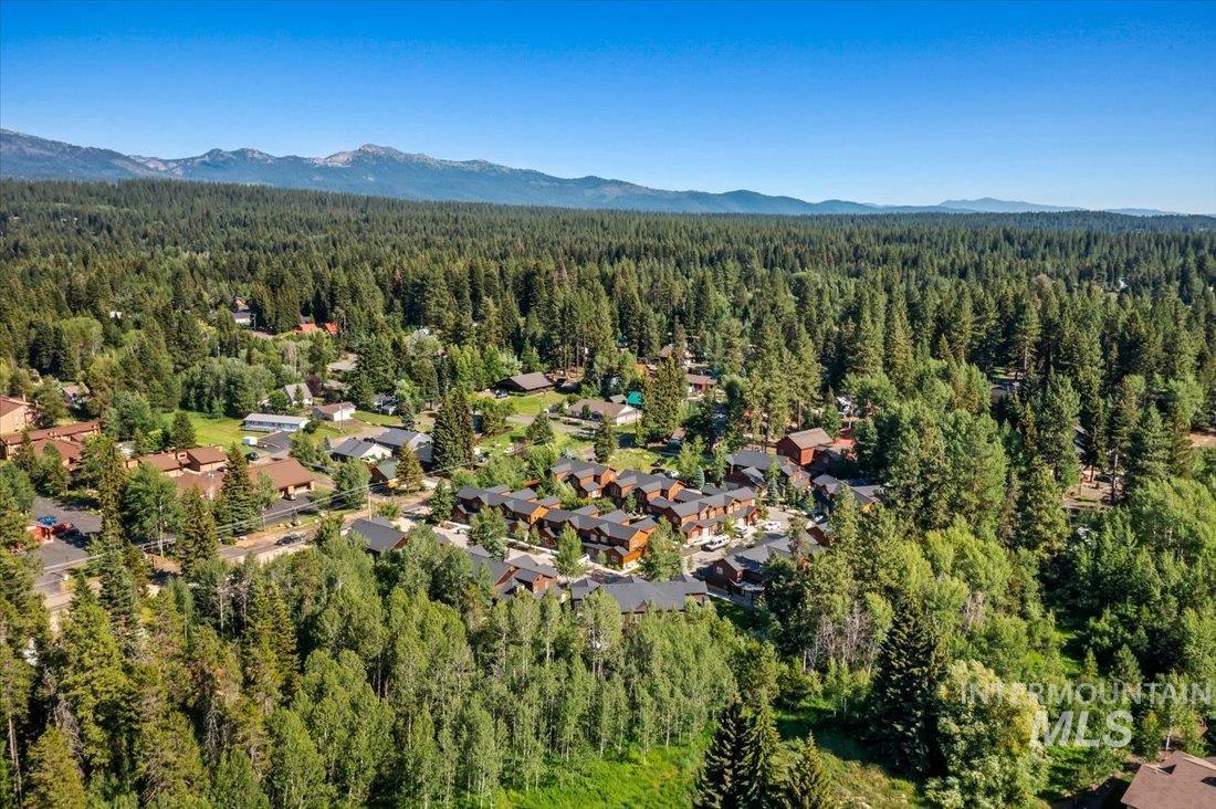 Aerial view of property's location featuring a forest and a mountain backdrop