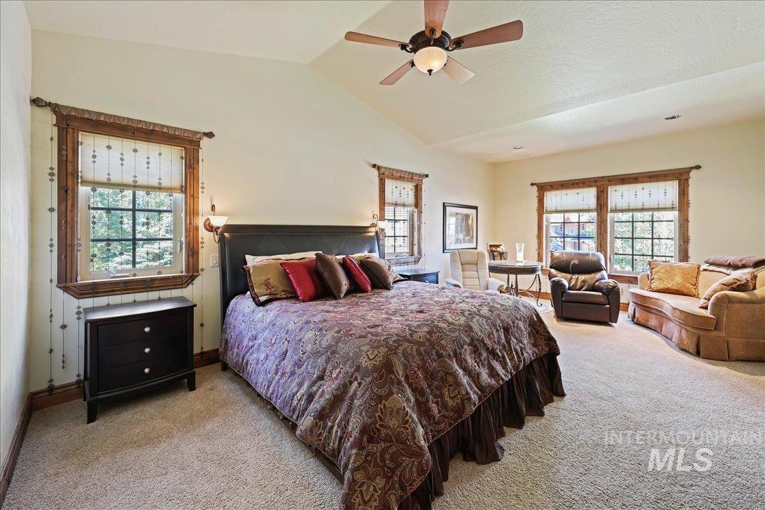 Carpeted bedroom featuring vaulted ceiling, multiple windows, and ceiling fan