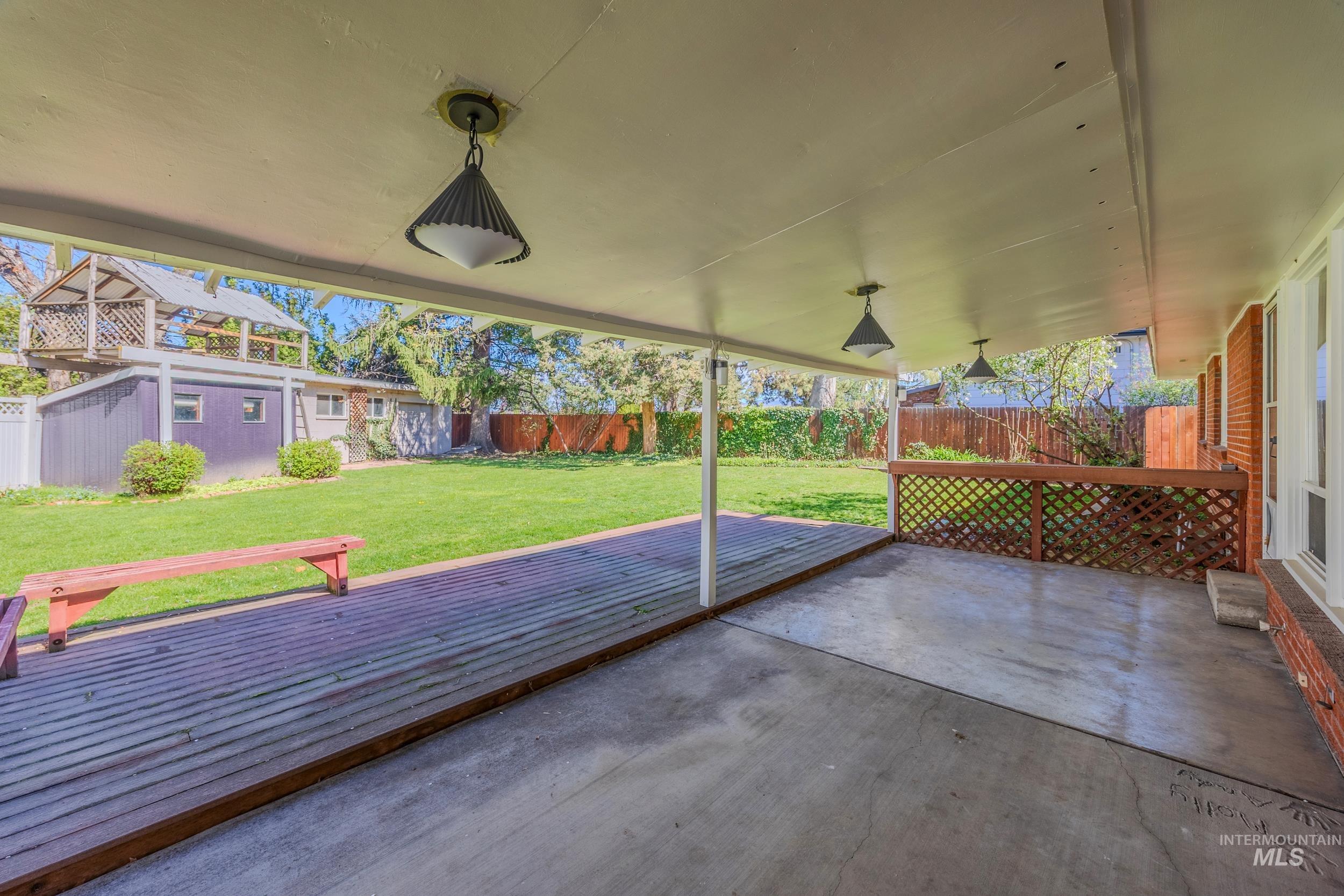 Fenced backyard featuring a patio