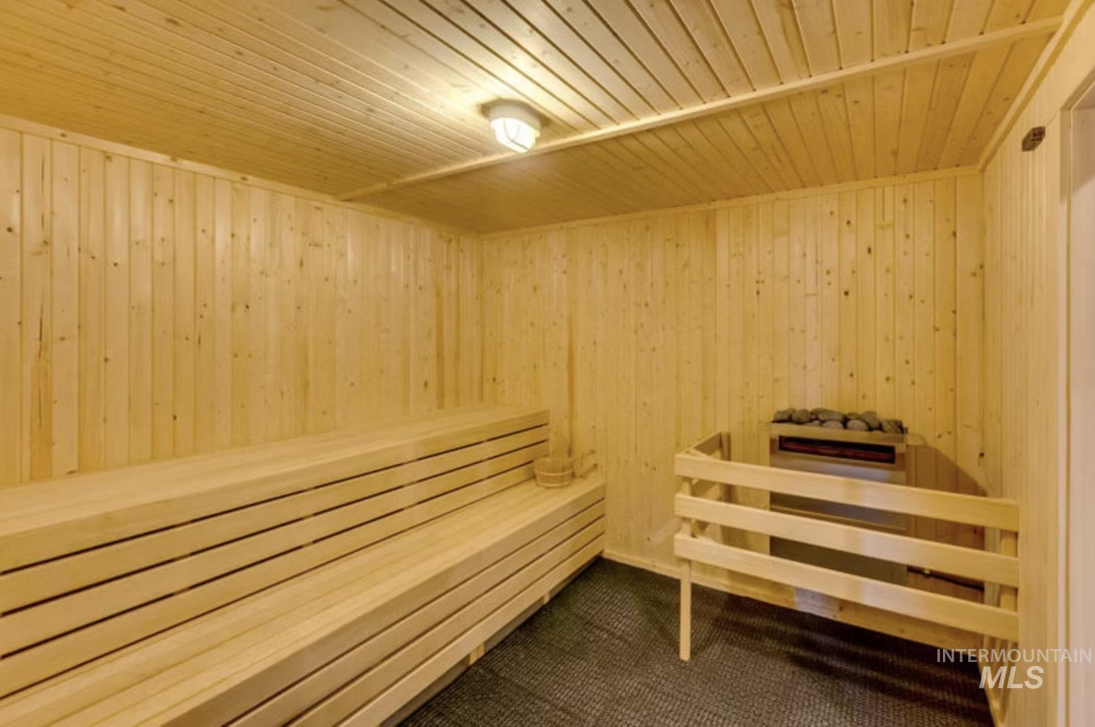 Sauna / steam room with wood ceiling, wood walls, and carpet floors