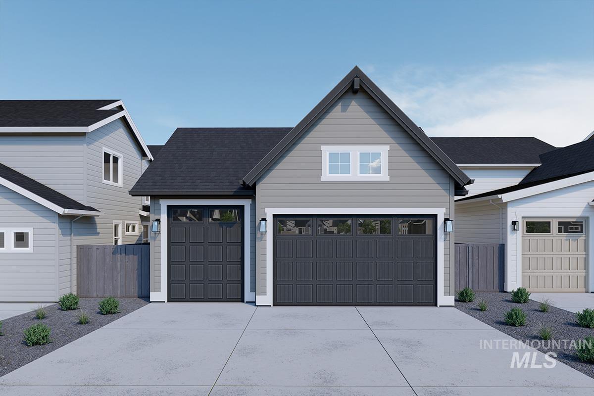 View of front facade with concrete driveway, roof with shingles, and an attached garage