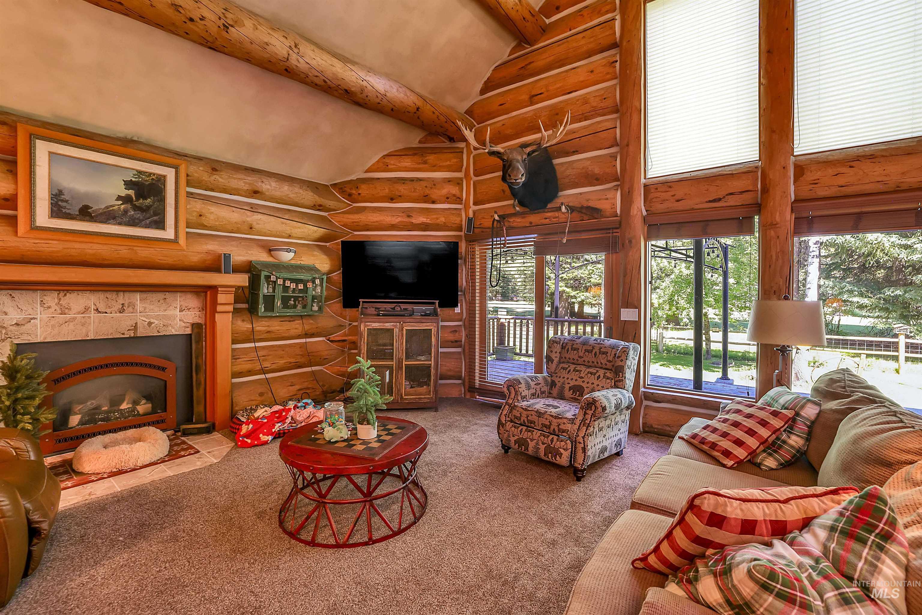Living room featuring rustic walls, carpet floors, and a fireplace