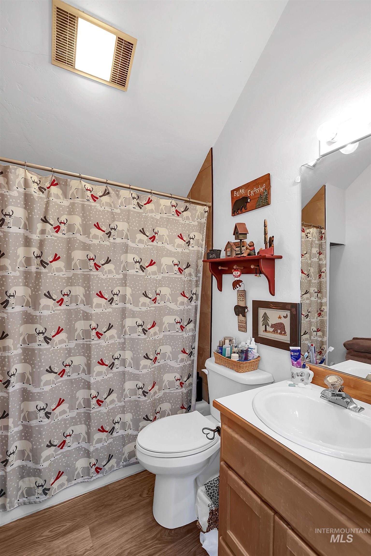 Full bathroom with vaulted ceiling, wood finished floors, vanity, and curtained shower