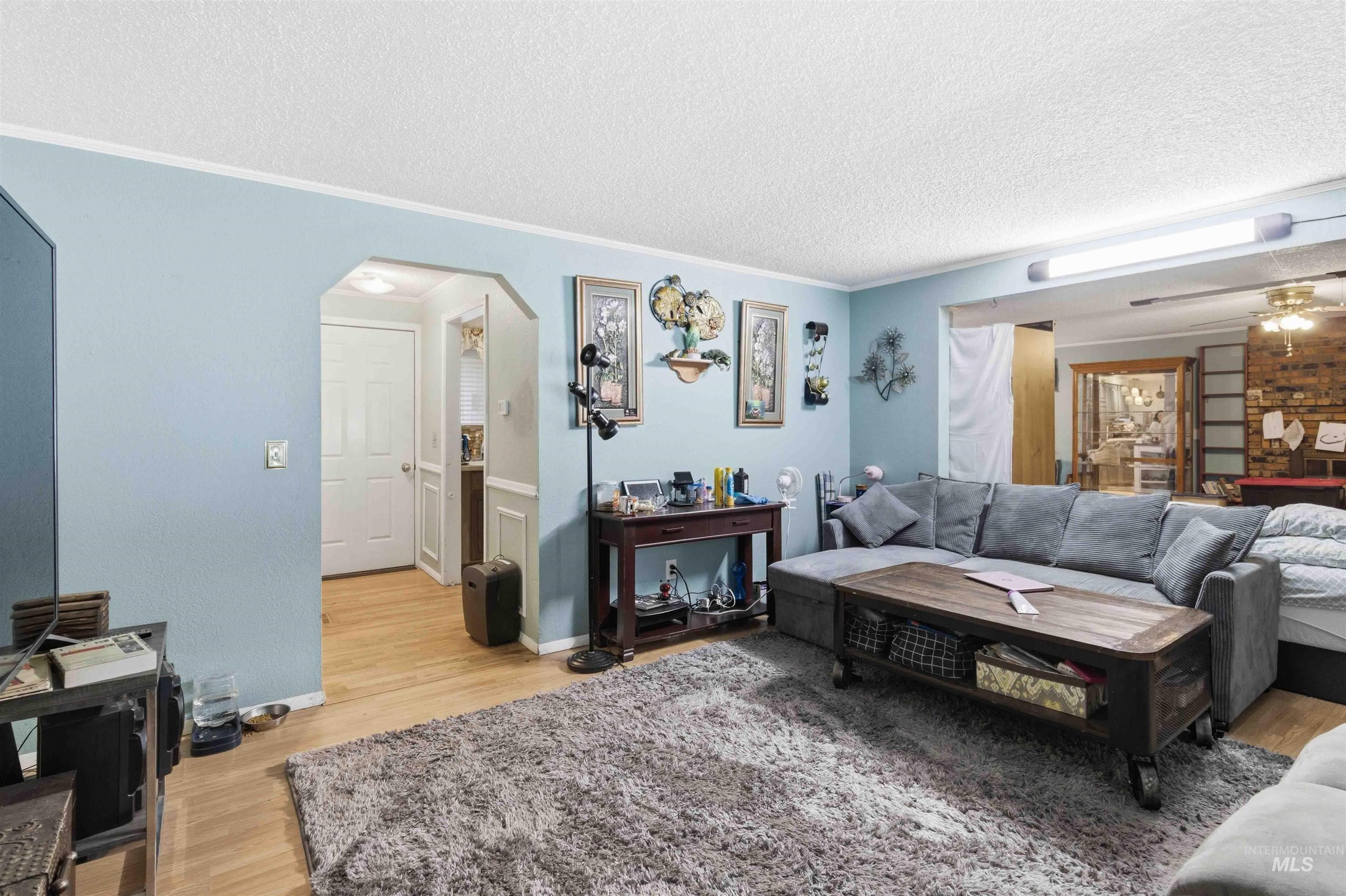 Living area featuring wood-finish flooring, a broad arched entryway, and crown molding