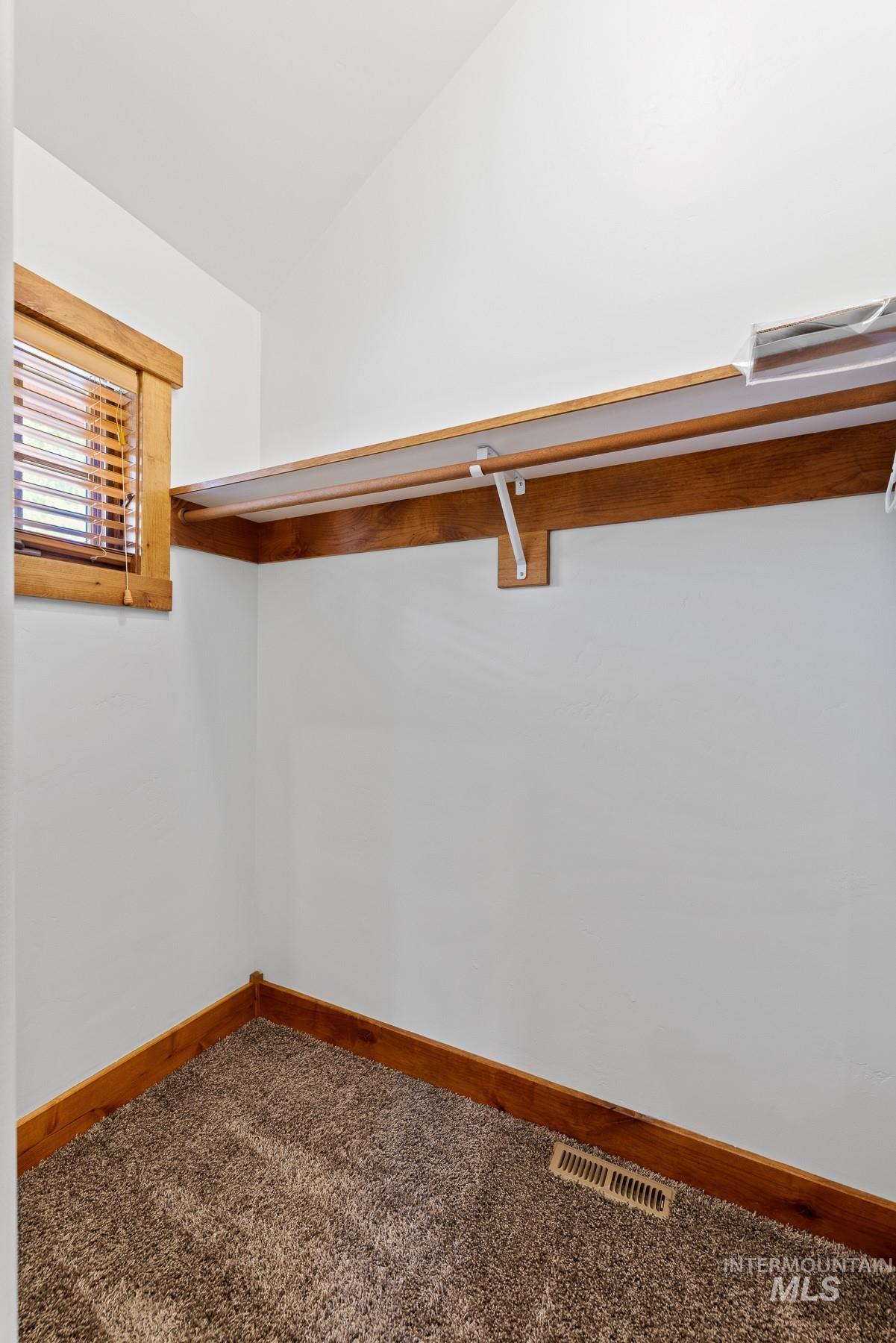 Spacious closet with carpet flooring and lofted ceiling