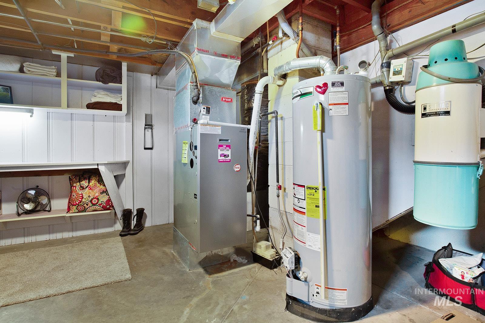 Utility room with water heater and heating unit