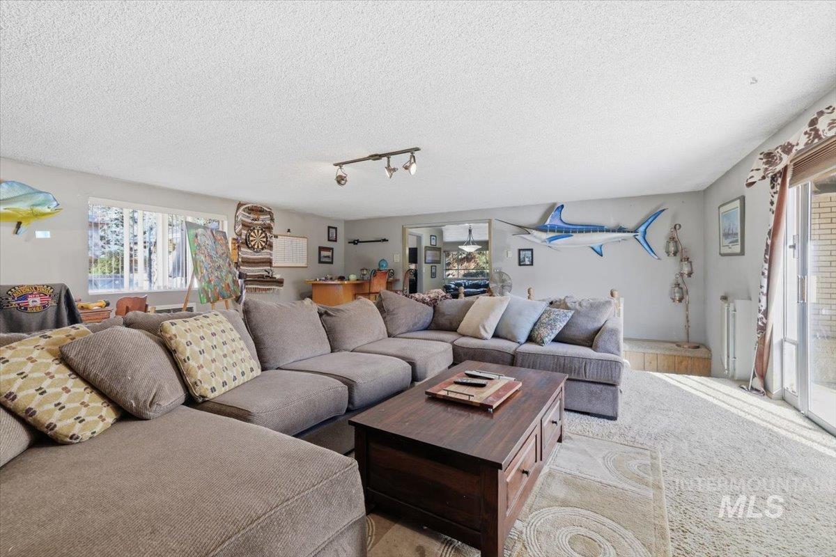 Living room with rail lighting and a textured ceiling