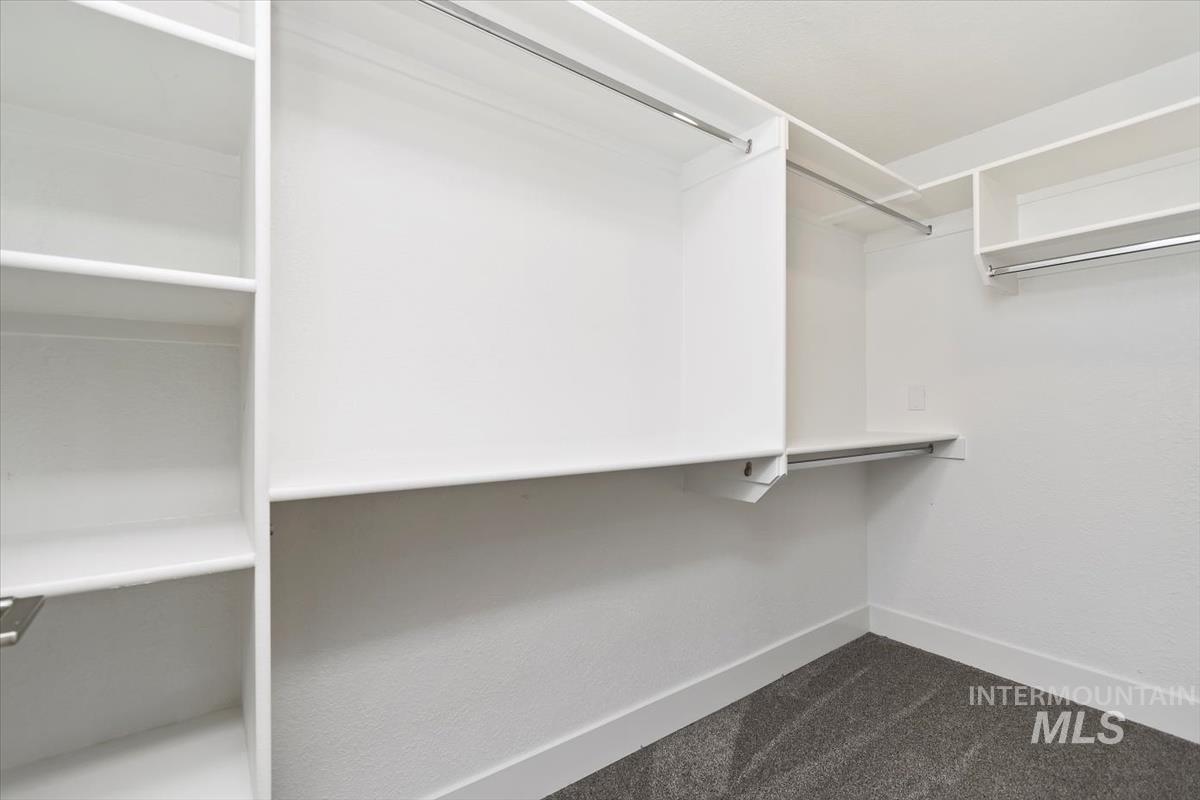 Spacious closet featuring dark carpet