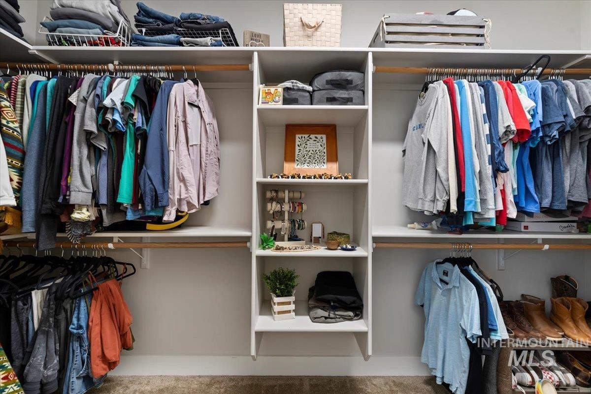 Walk in closet with carpet floors