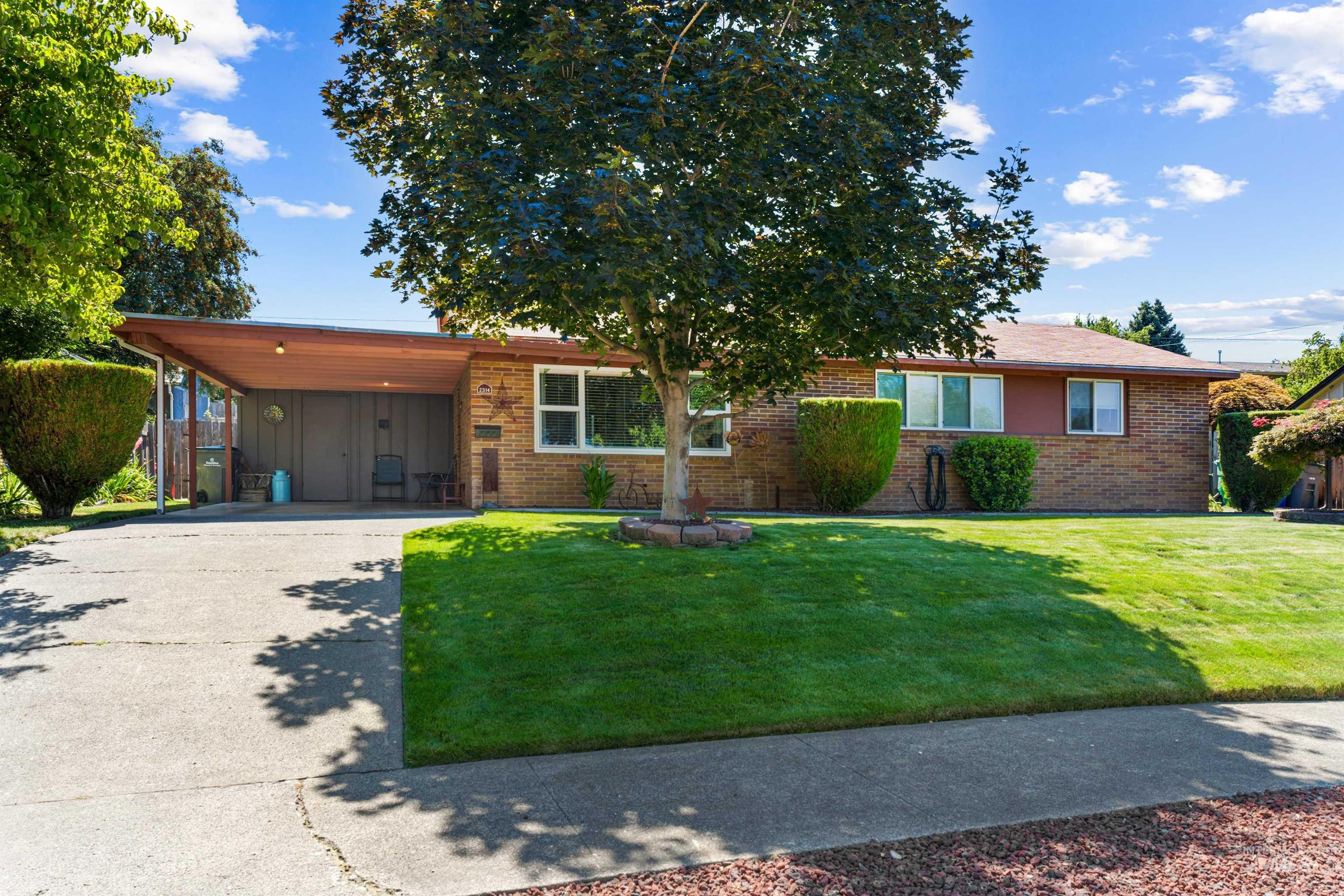 Brick facade home featuring a carport, mature tree, established lawn, and concrete driveway