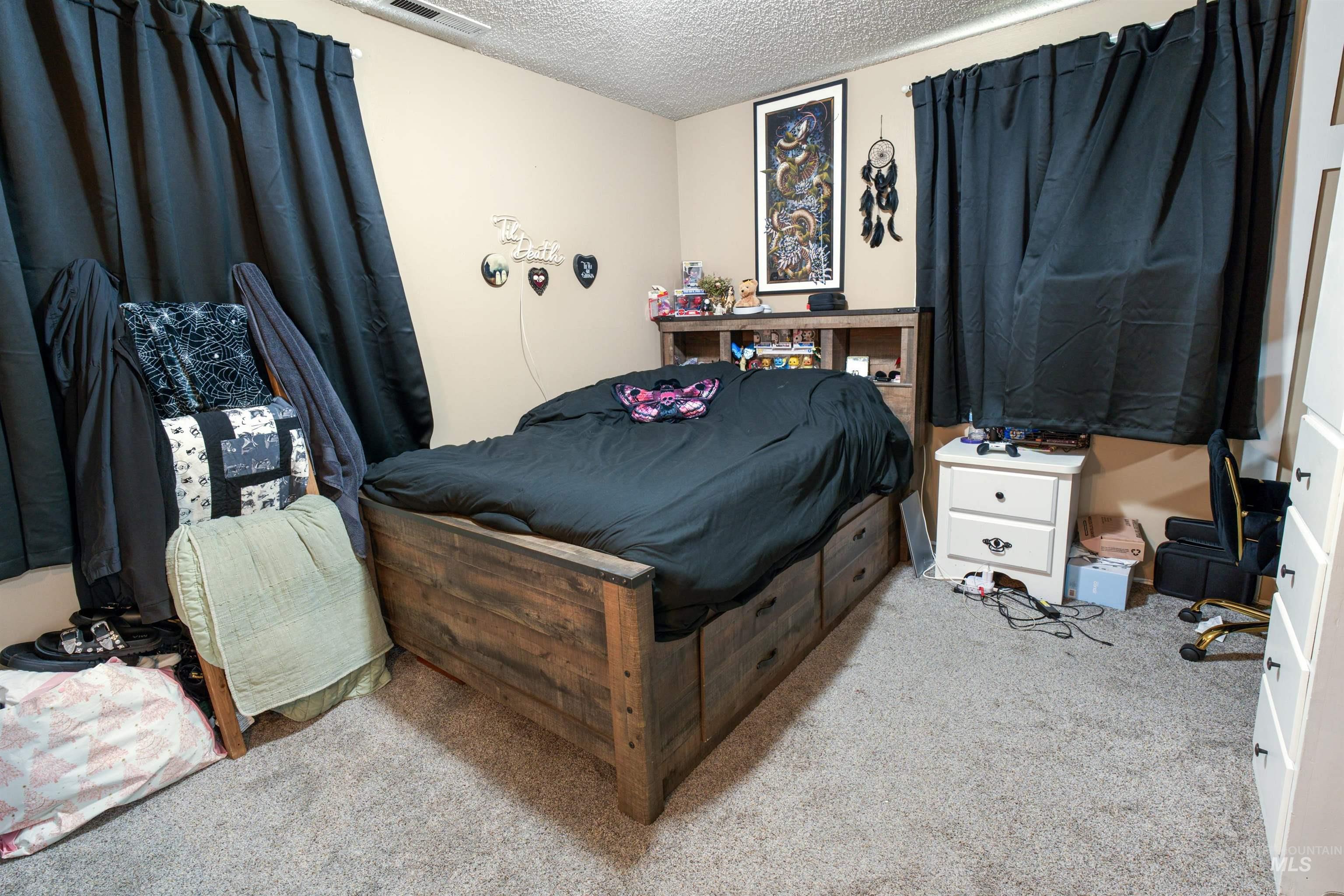 Carpeted room featuring light beige walls and dark window treatments