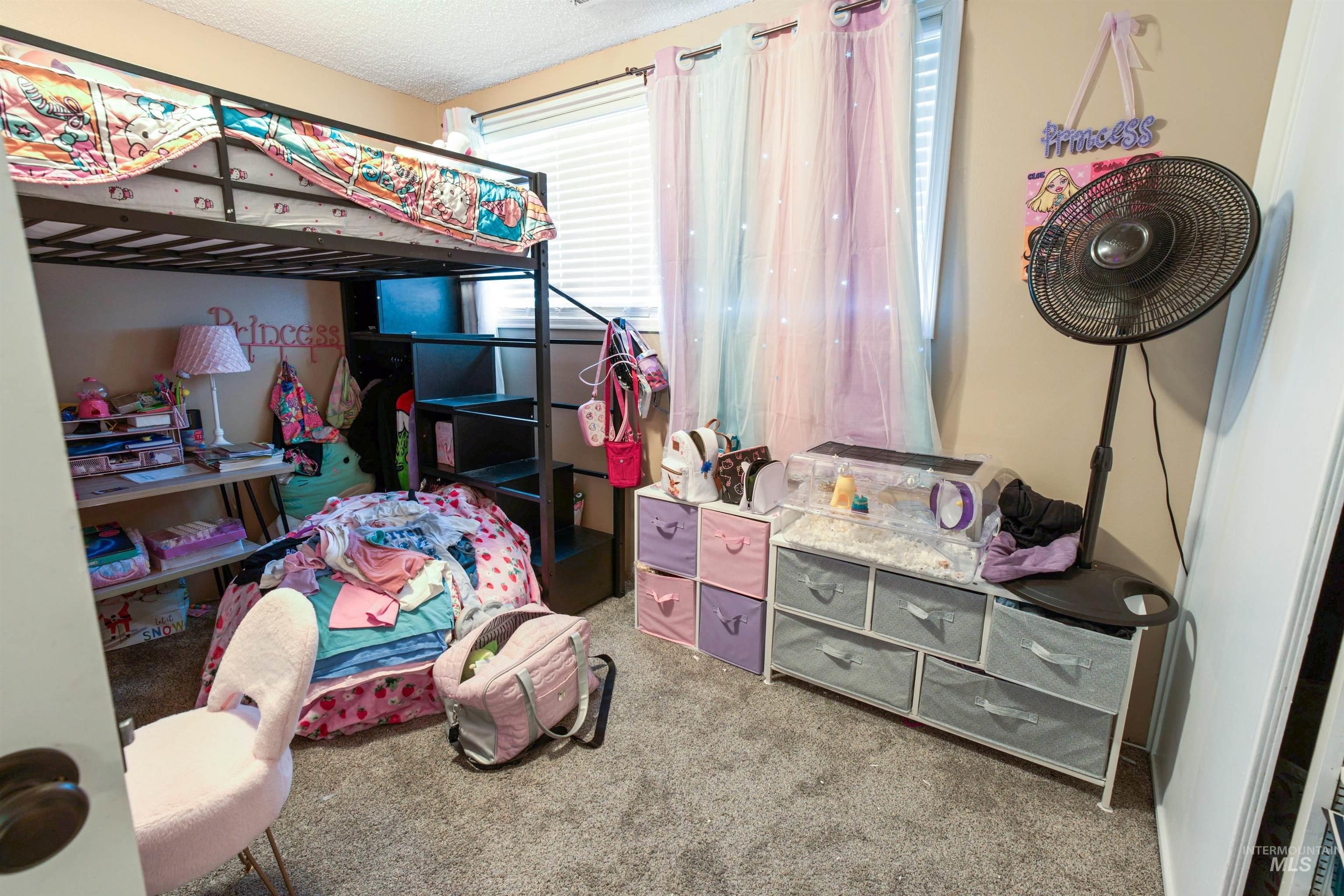 Carpeted room featuring a loft bed with integrated stairs, a desk area, and a window with blinds