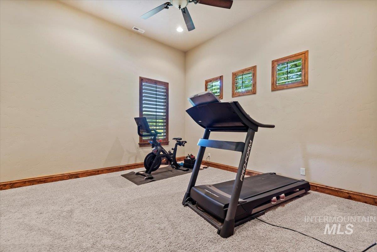 Exercise area with carpet floors and a ceiling fan