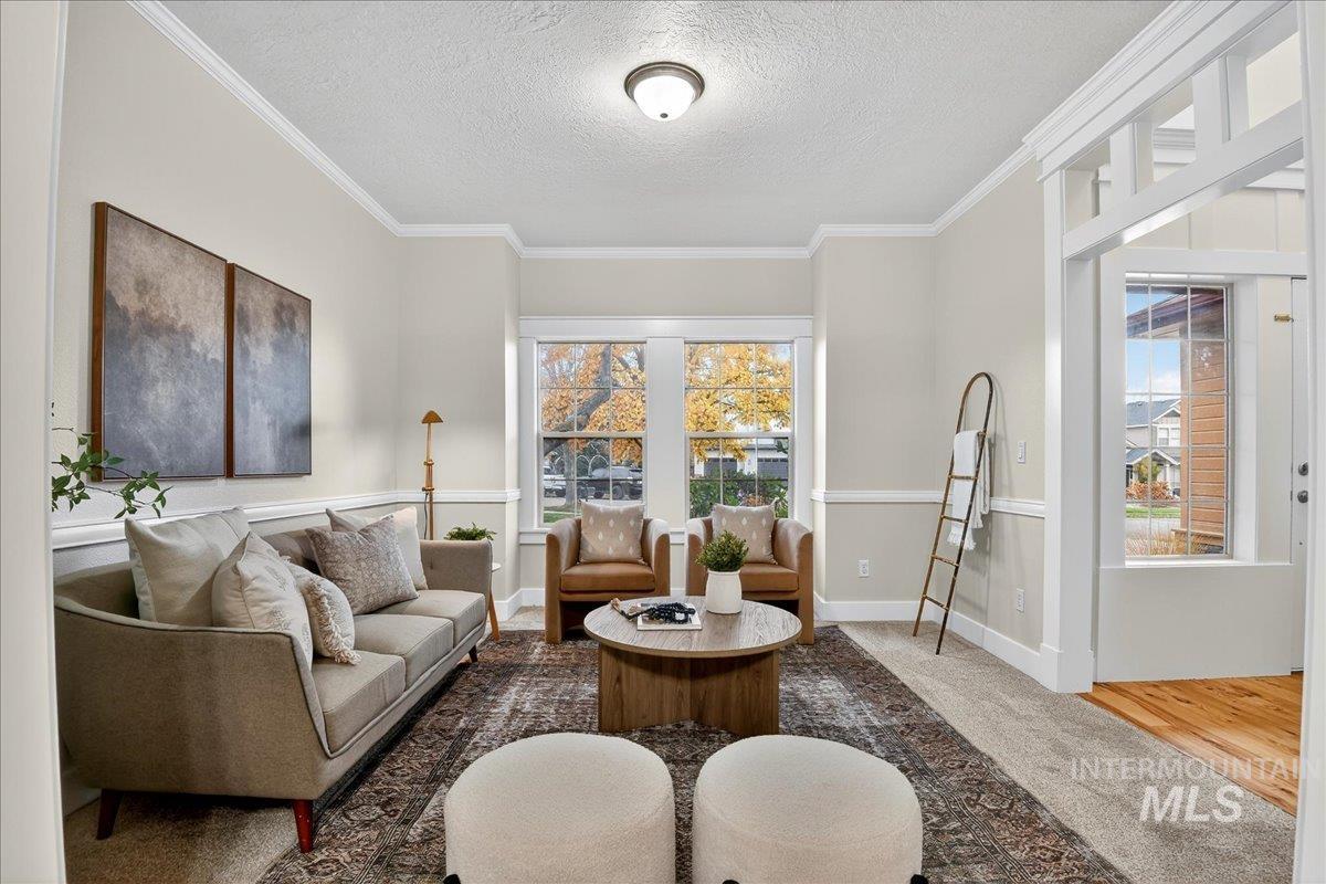 Living room with carpet, crown molding, and a textured ceiling
