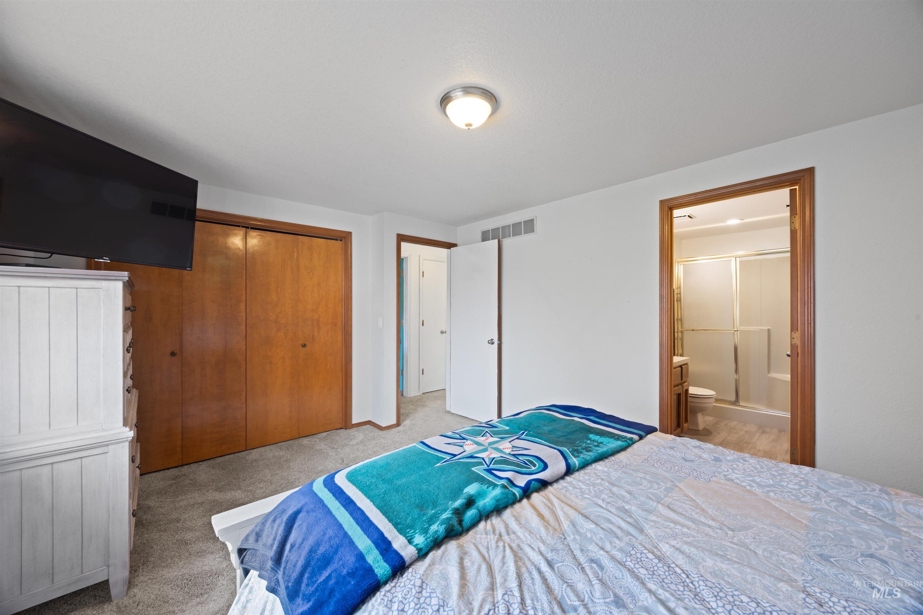 Carpeted bedroom featuring a closet and ensuite bath