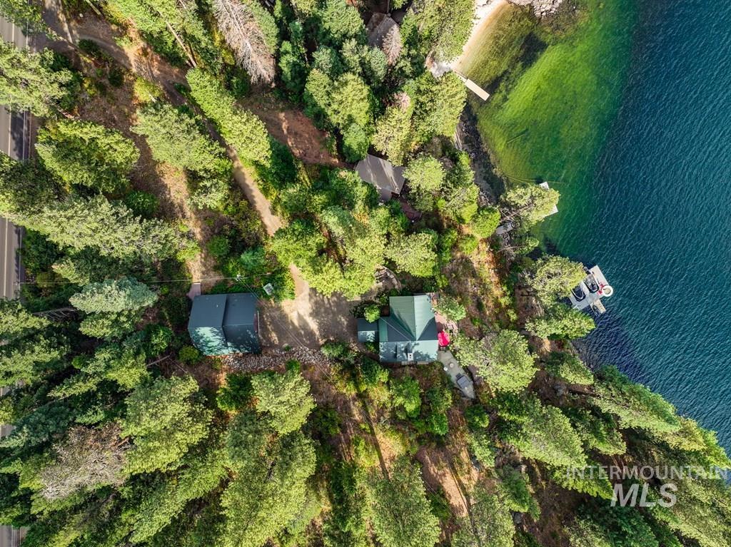 Waterfront property featuring extensive mature tree coverage, a private pier structure, and direct water access