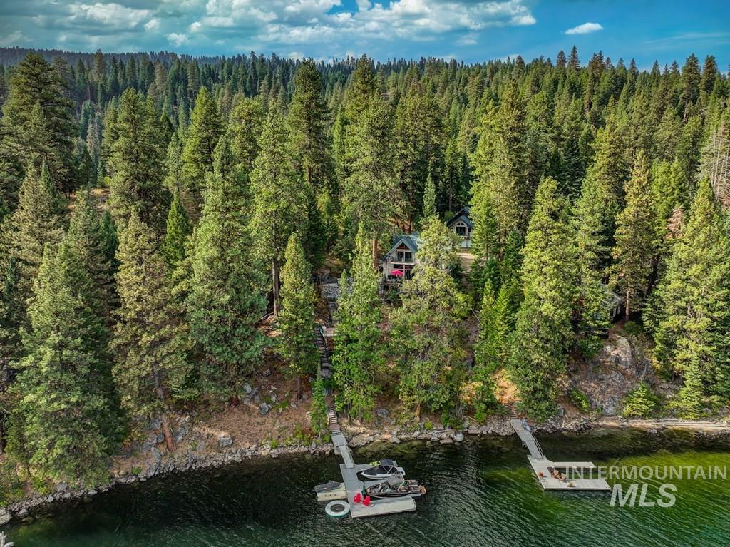 Waterfront property featuring a private boat dock, surrounded by mature evergreen trees