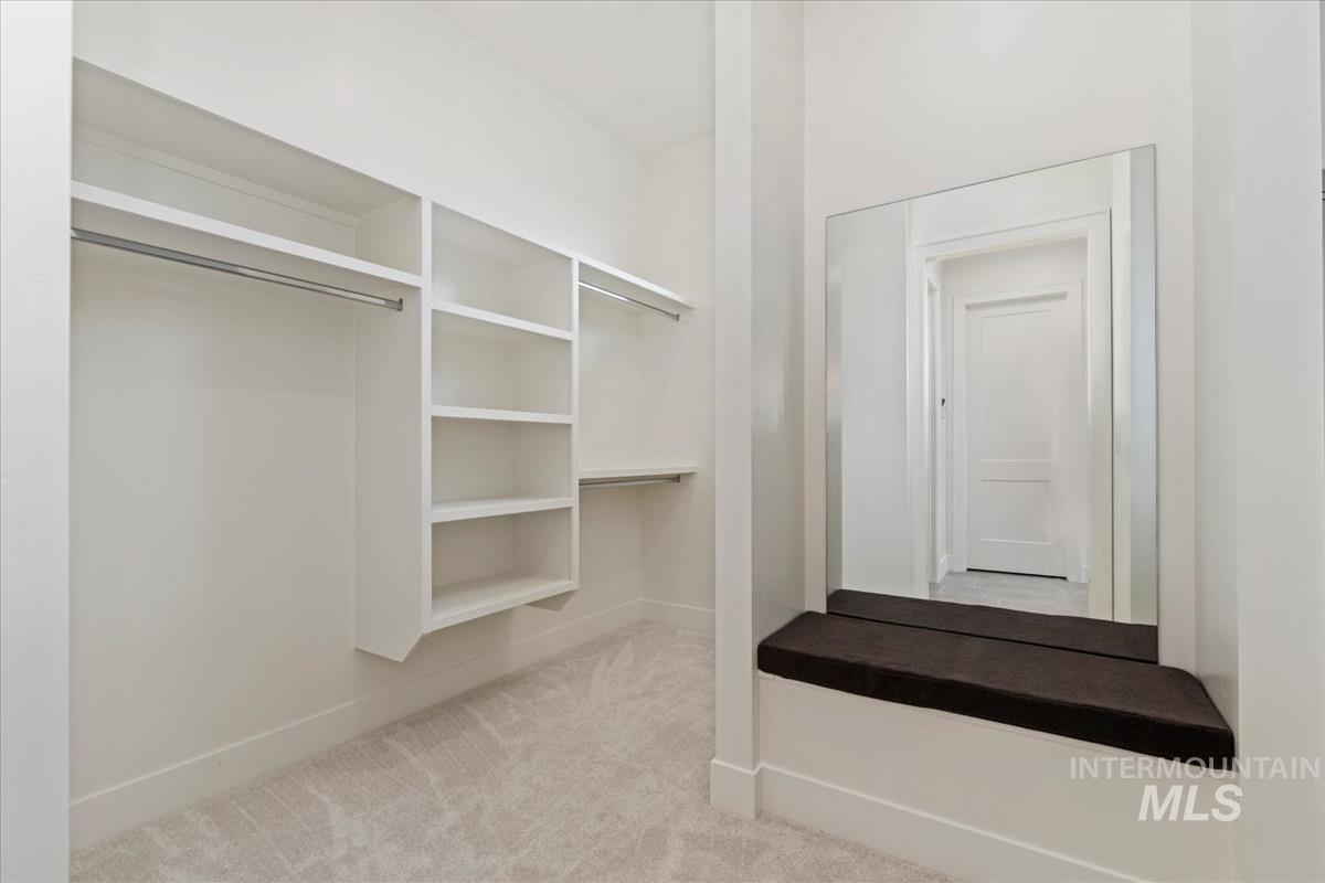Walk in closet with light carpet