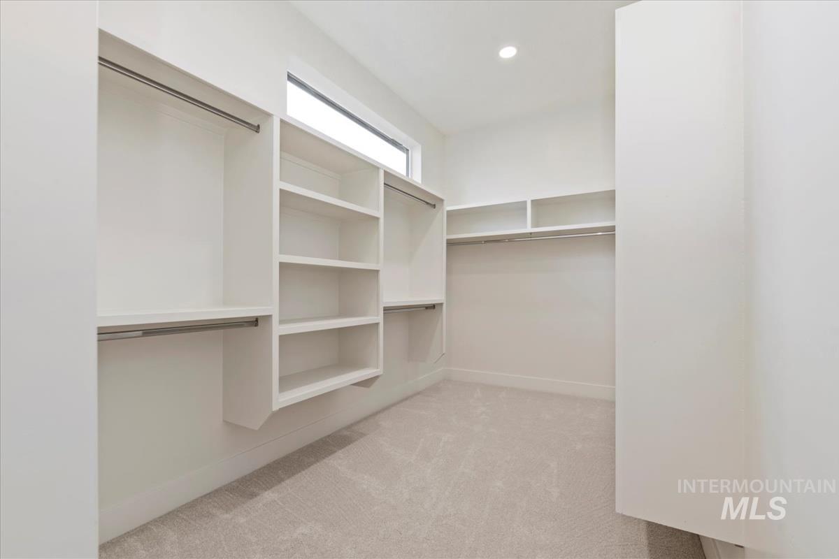 Walk in closet with light carpet