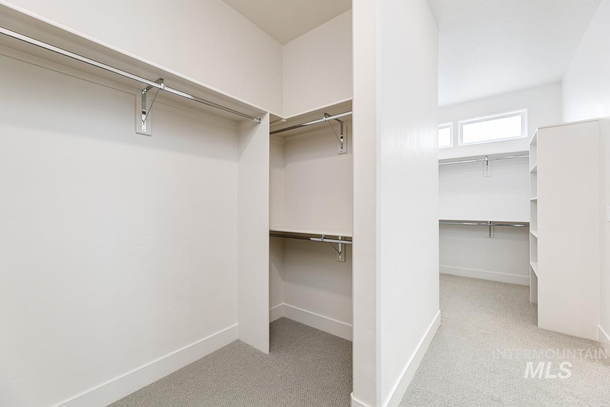 Walk in closet featuring light colored carpet