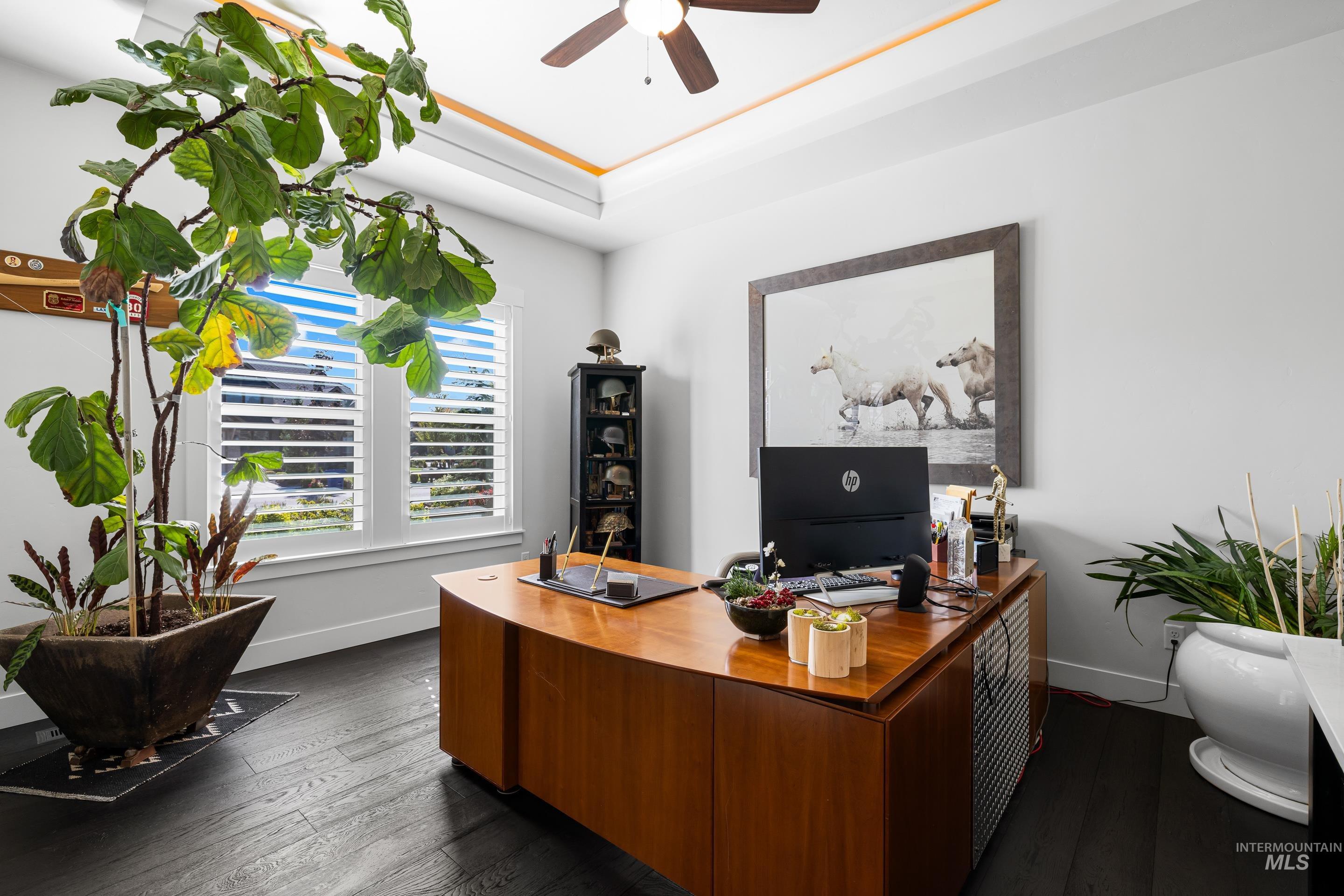 Home office with dark wood-style floors, a ceiling fan, and a raised ceiling