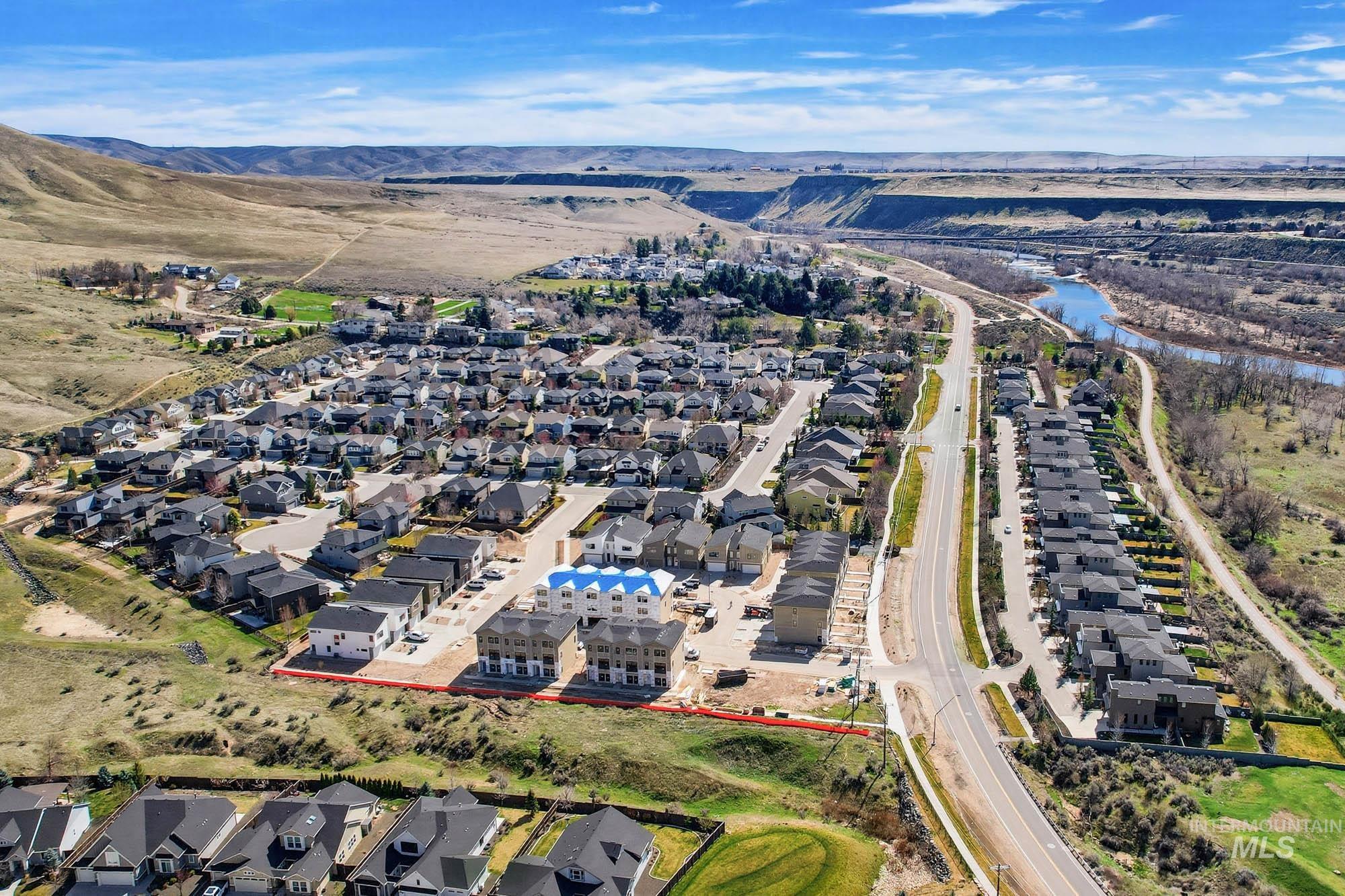 Aerial perspective showcasing a residential community with varied architectural styles