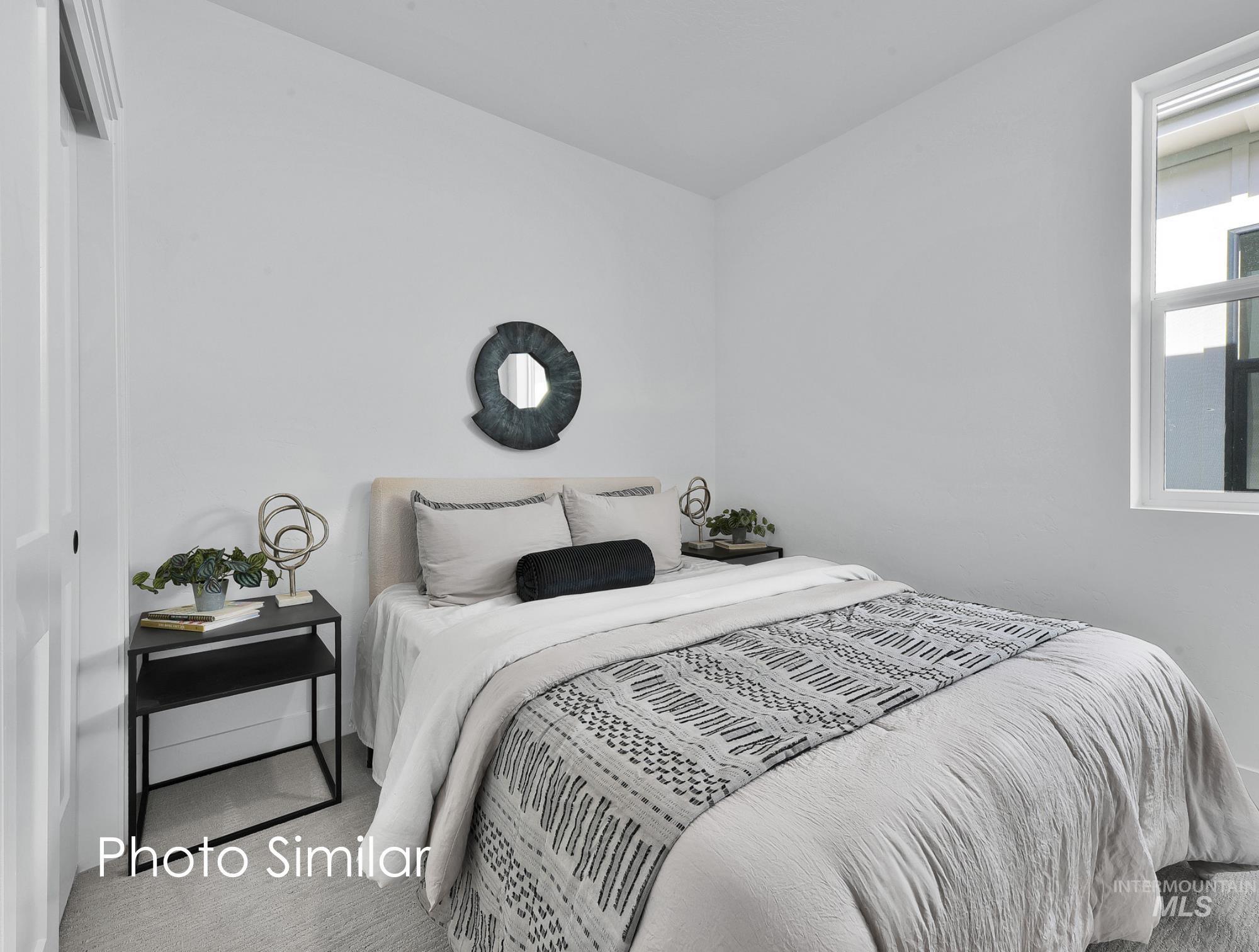 Bright bedroom space with light-toned walls, a white framed window, and carpeted flooring