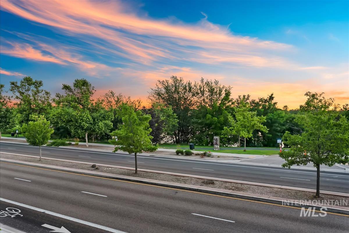 Street view with a paved road, marked bike lane, and concrete sidewalk