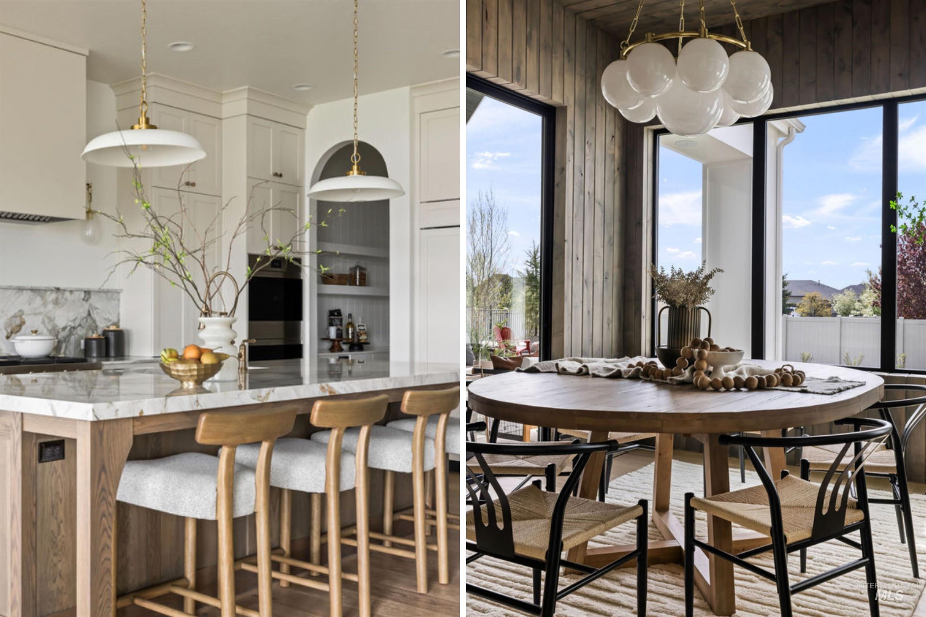 Dining area featuring light wood-style flooring, a chandelier, and wood walls