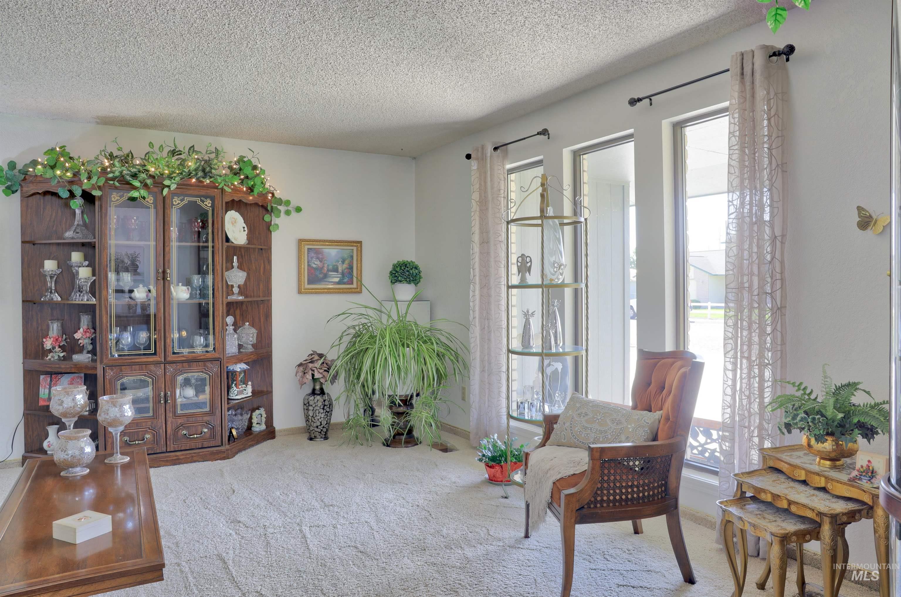 Living area featuring light colored carpet and a textured ceiling