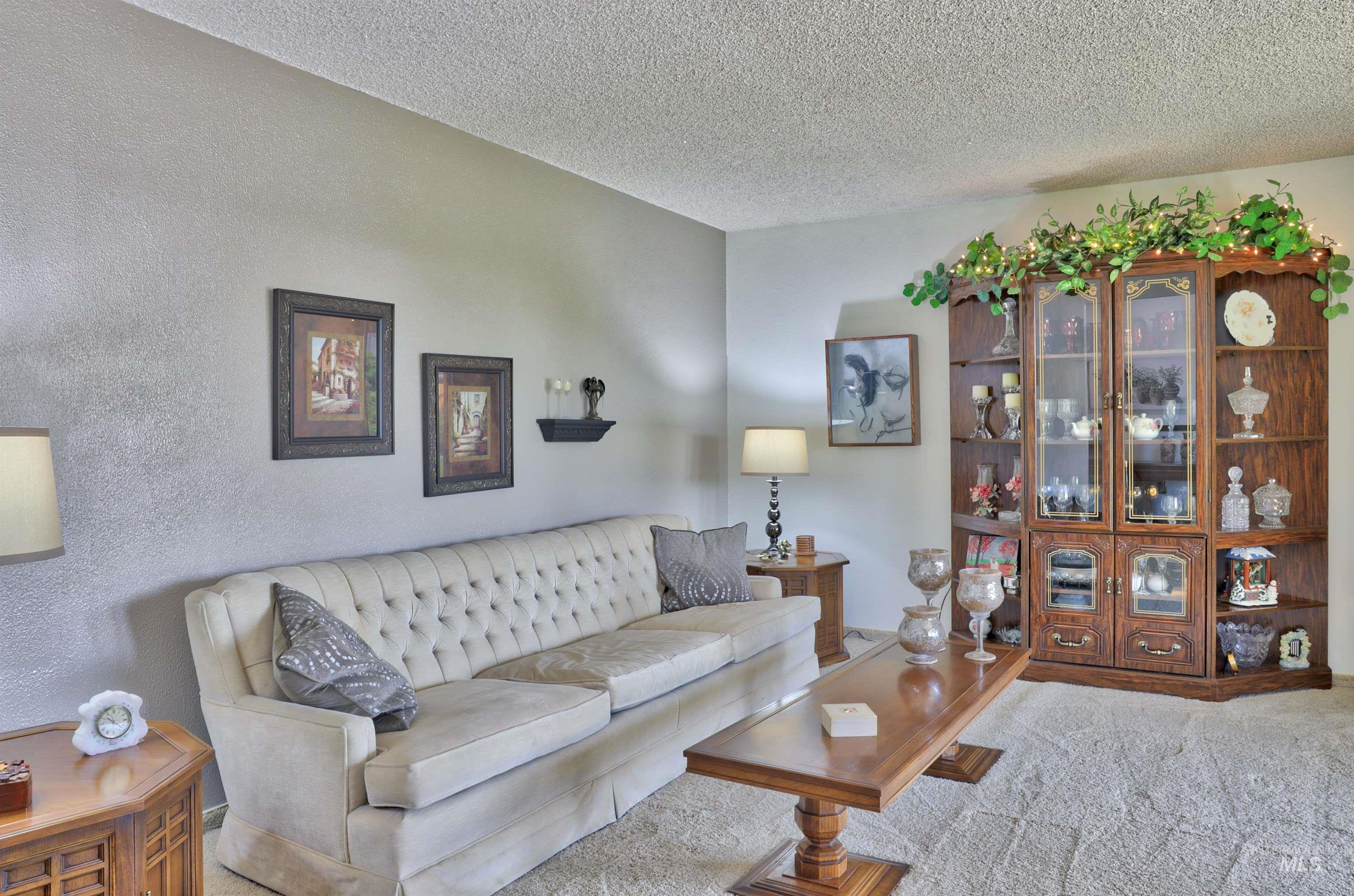 Living room featuring carpet flooring, a textured ceiling, and a textured wall