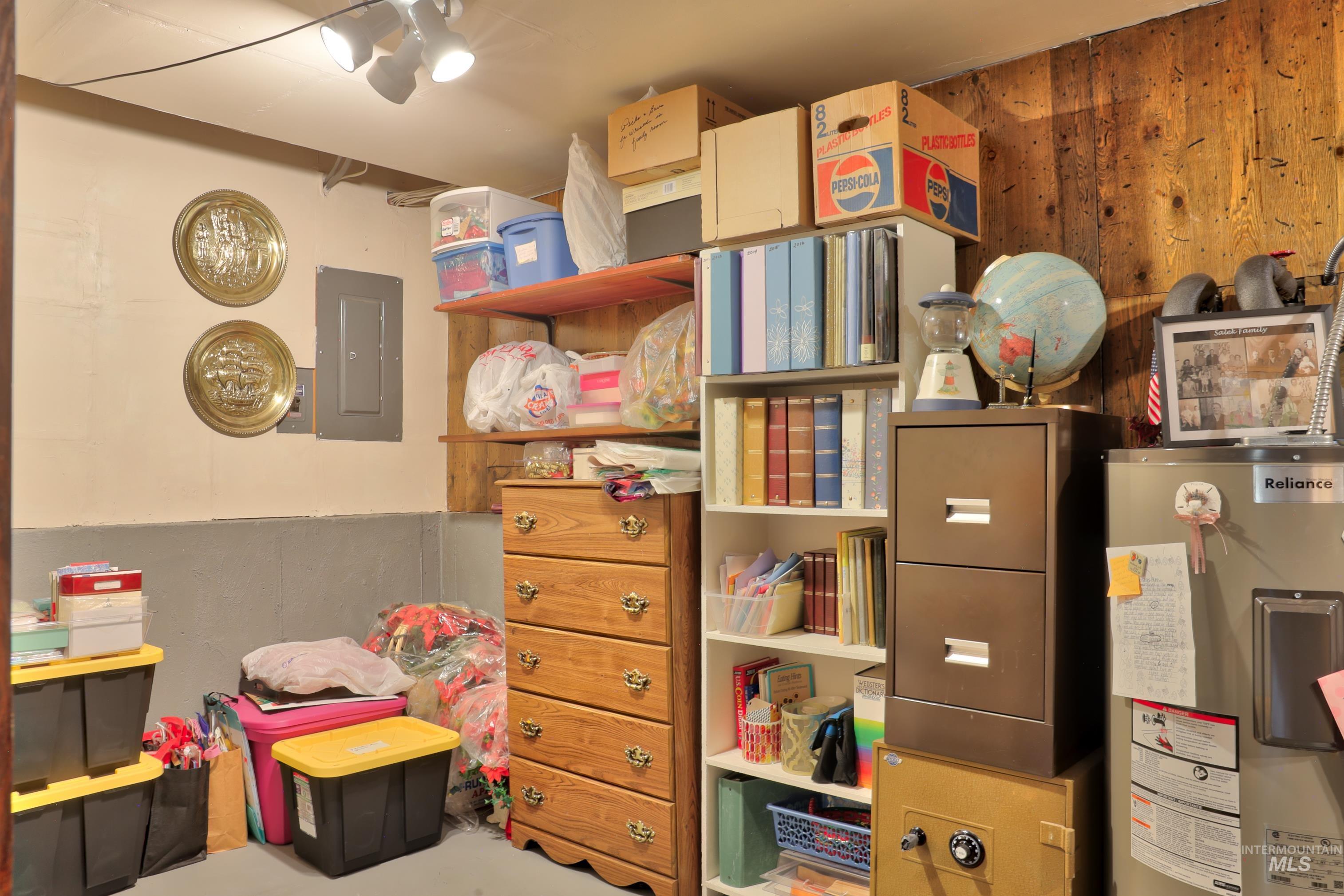 Storage room featuring water heater furnace and electric panel.