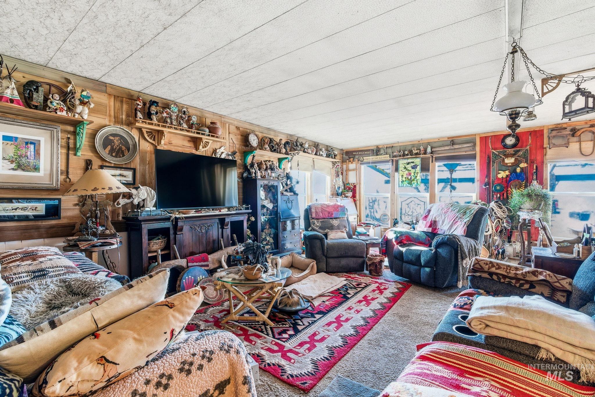 Living room featuring wood walls and carpet floors