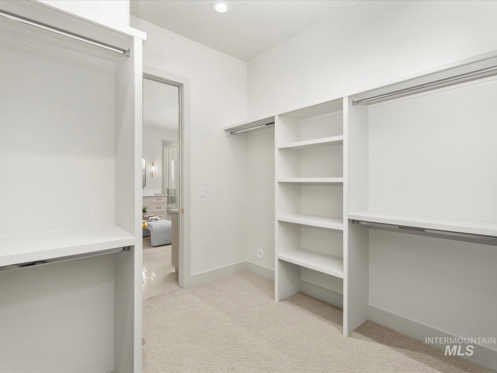 Walk in closet with light colored carpet