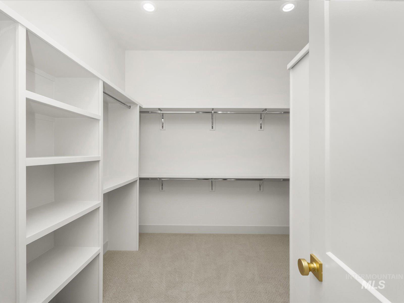 Walk in closet featuring light colored carpet