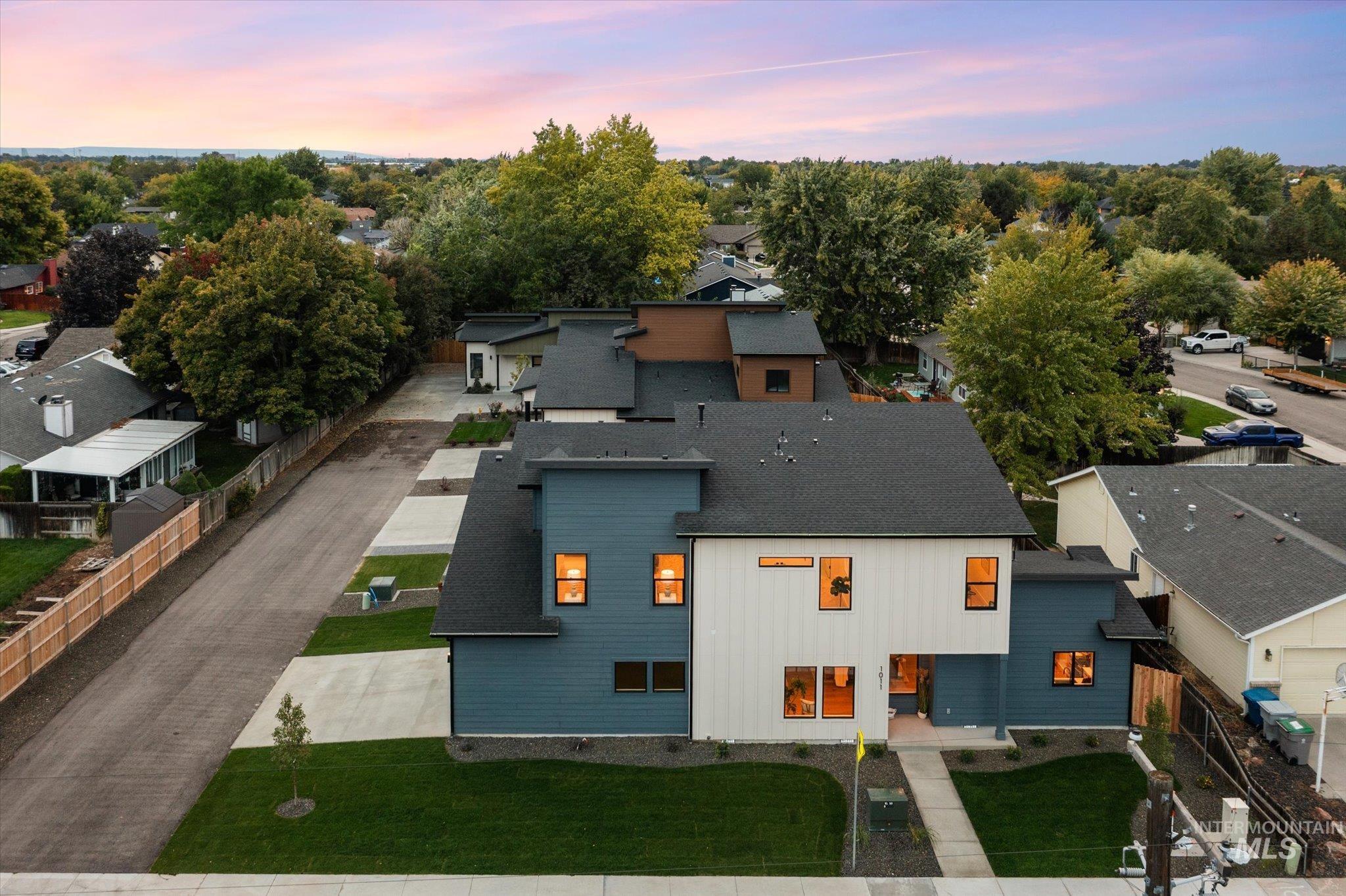 Aerial view at dusk of a residential view
