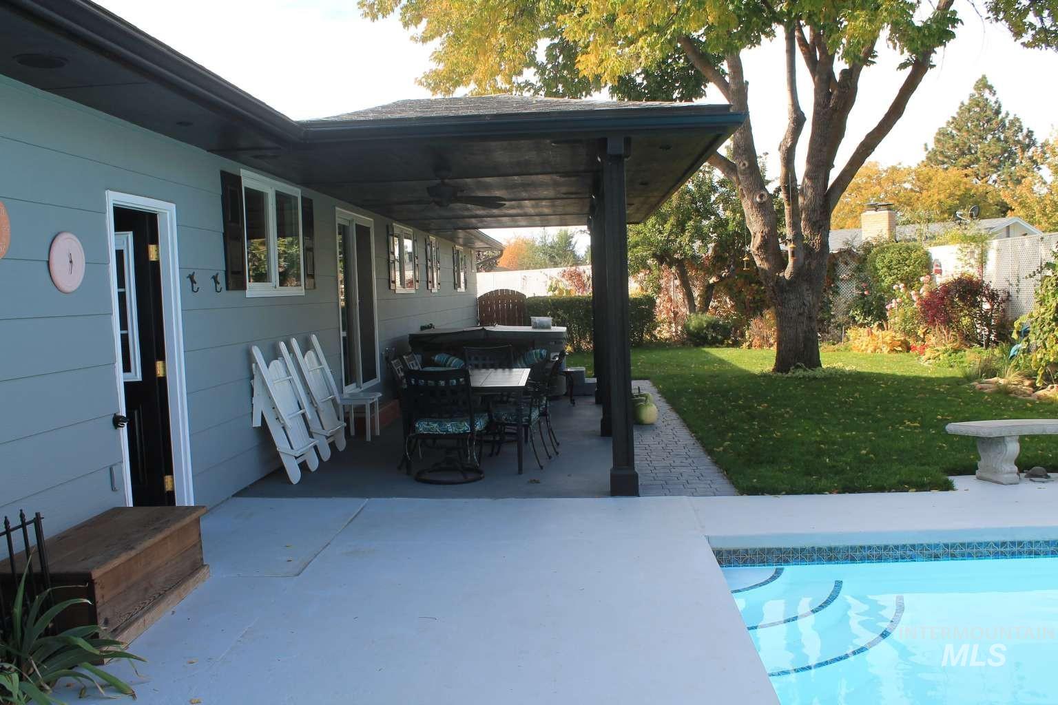 Outdoor pool with a fenced backyard, a patio area, and outdoor dining space