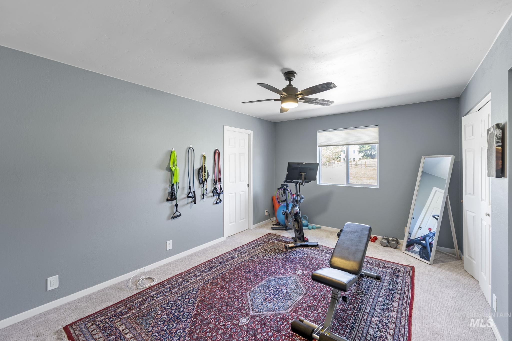 Exercise area featuring carpet floors and a ceiling fan