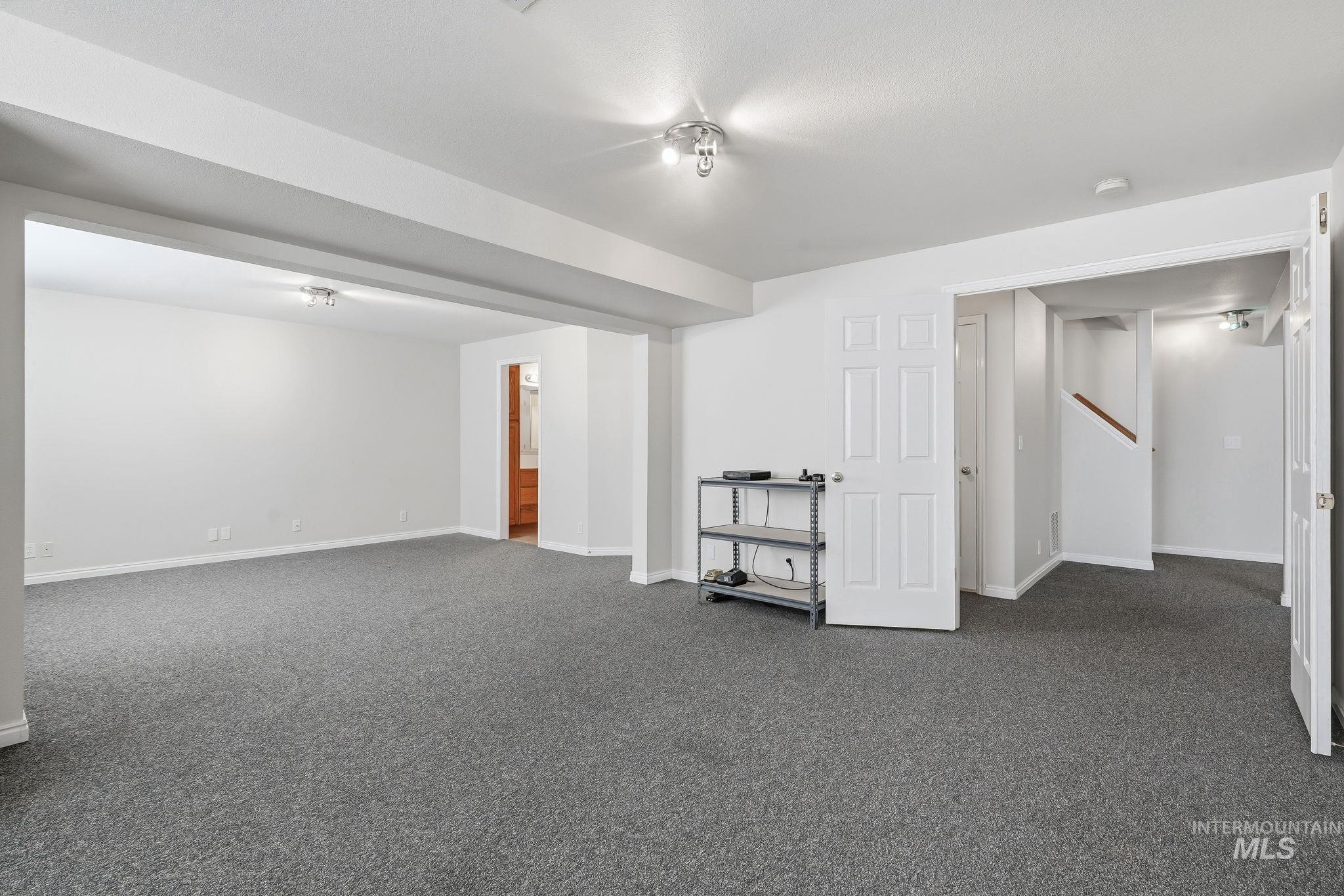 Expansive carpeted area featuring a neutral gray wall finish, recessed ceiling lighting, and a white six-panel door