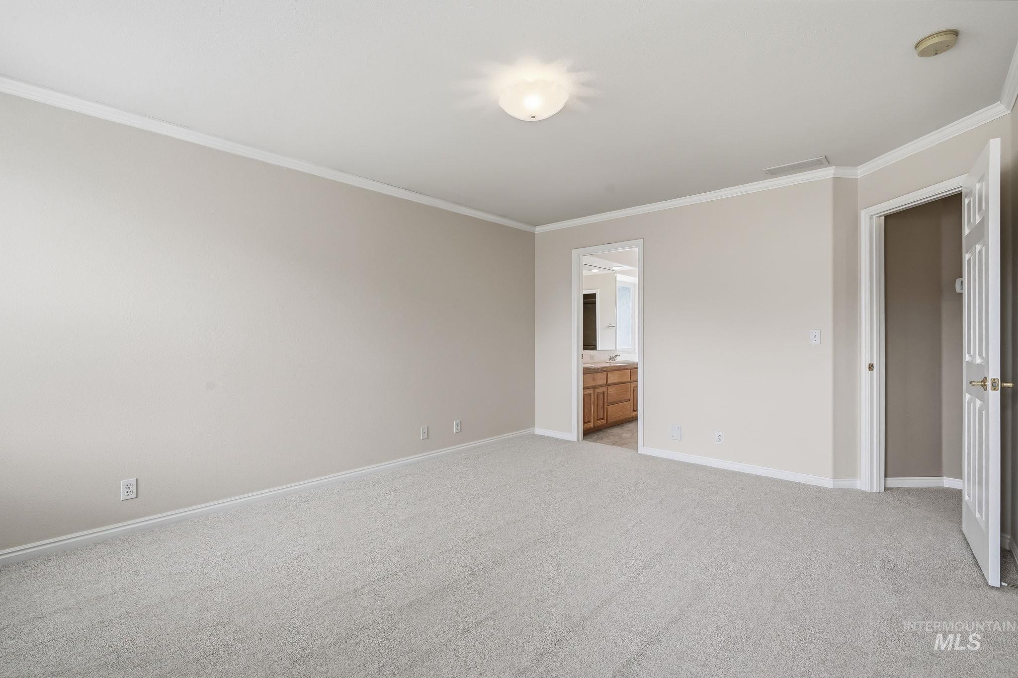 Carpeted interior room featuring light-toned walls, crown molding, and baseboards