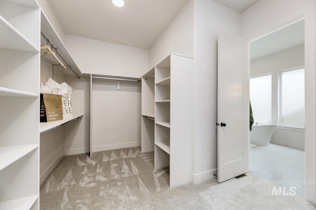 Walk in closet featuring light carpet