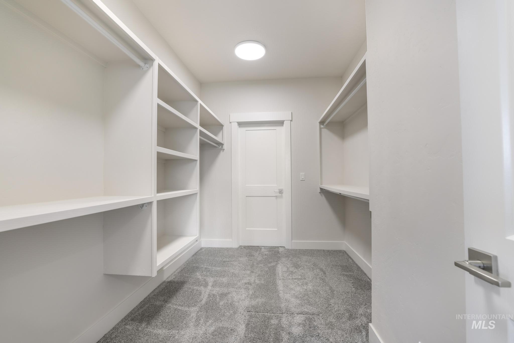 Walk in closet featuring light colored carpet