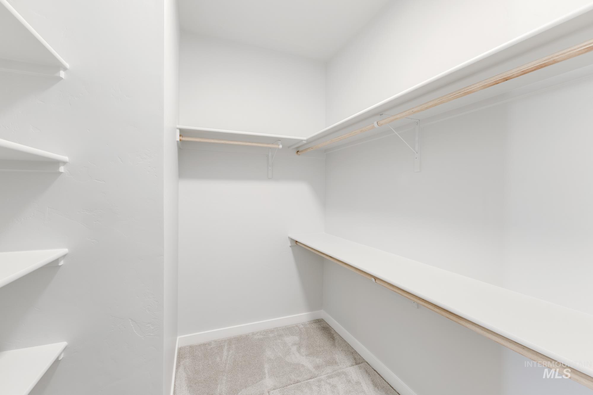 Walk in closet with light colored carpet